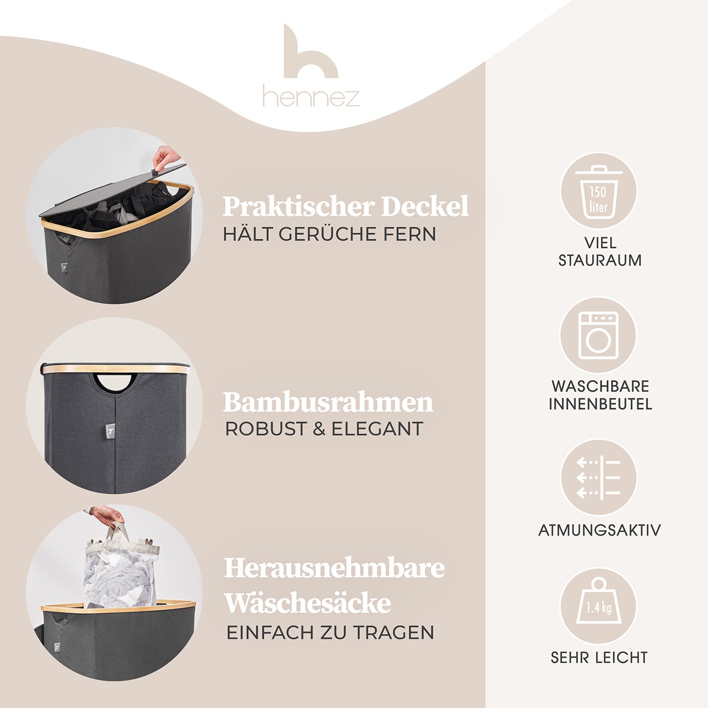 Aufbewahrungskorb "Adrian" 150 l mit Deckel & 3 Fächern - Grau