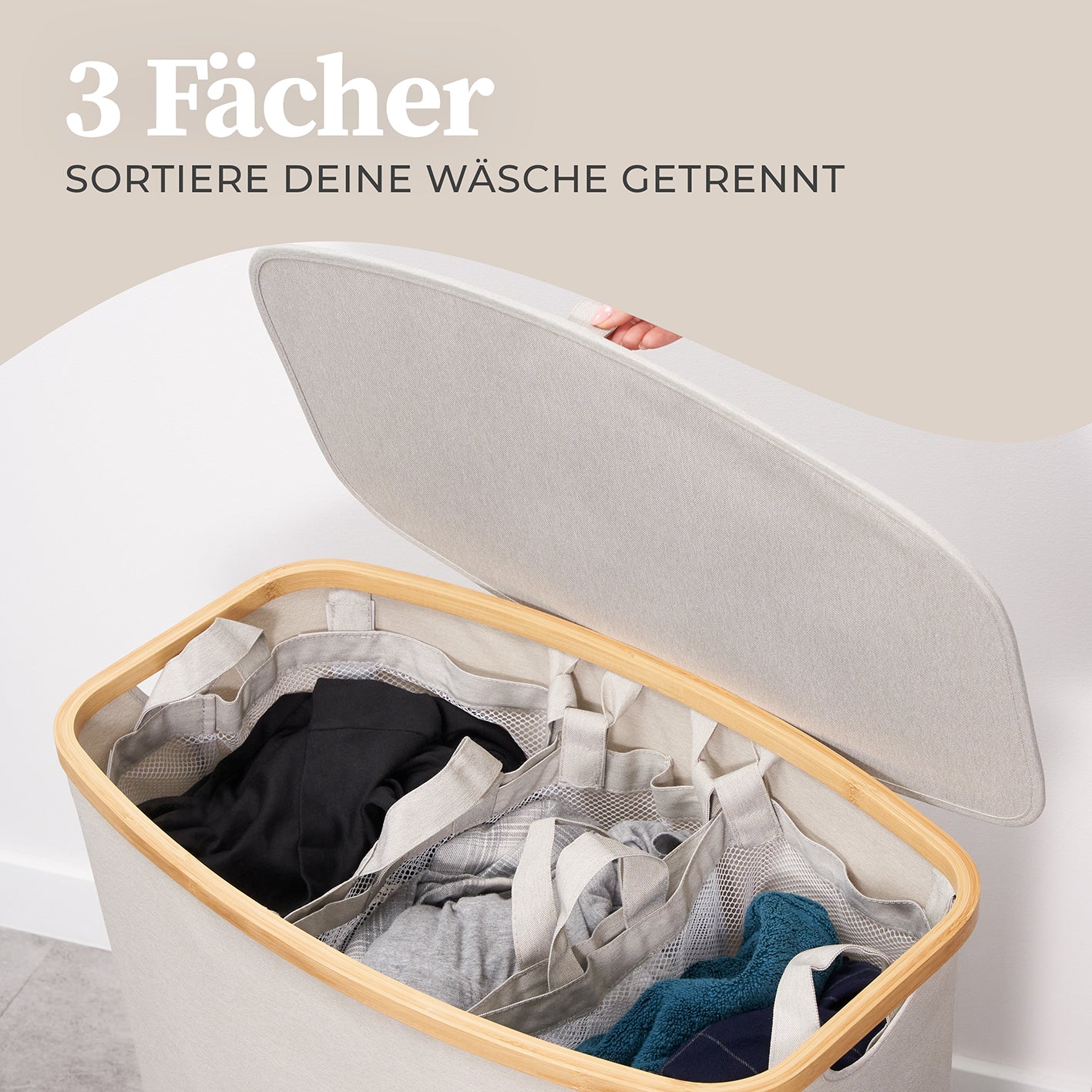 Aufbewahrungskorb "Adrian" 150 l mit Deckel & 3 Fächern - Beige