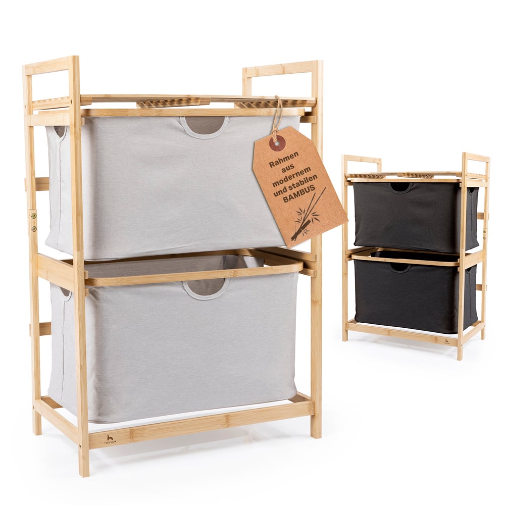 Bambus-Regal Bad hellgrau mit zwei Ablagen und Körben, stabiler Rahmen aus Bambus, ideal für Badutensilien und Wäsche.