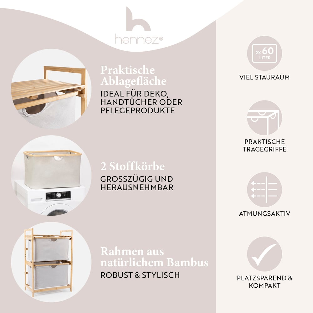 Bambus-Regal Bad hellgrau mit 2 Stoffkörben, praktischer Ablagefläche, Bambusrahmen, stabil, kompakt und platzsparend für Badutensilien.