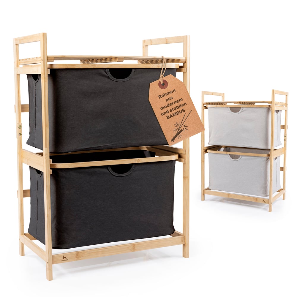 Bambus Regal mit Ablage und Körben - Dunkelgrau, 2-stöckig mit stabilen Bambusrahmen und zwei großen Körben, ideal für Bad und Wäsche.