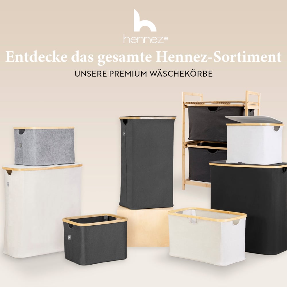 Bambus Regal mit Ablage und Körben - Dunkelgrau mit vielseitigen Wäschekörben in verschiedenen Größen und Farben für Ordnung im Bad.