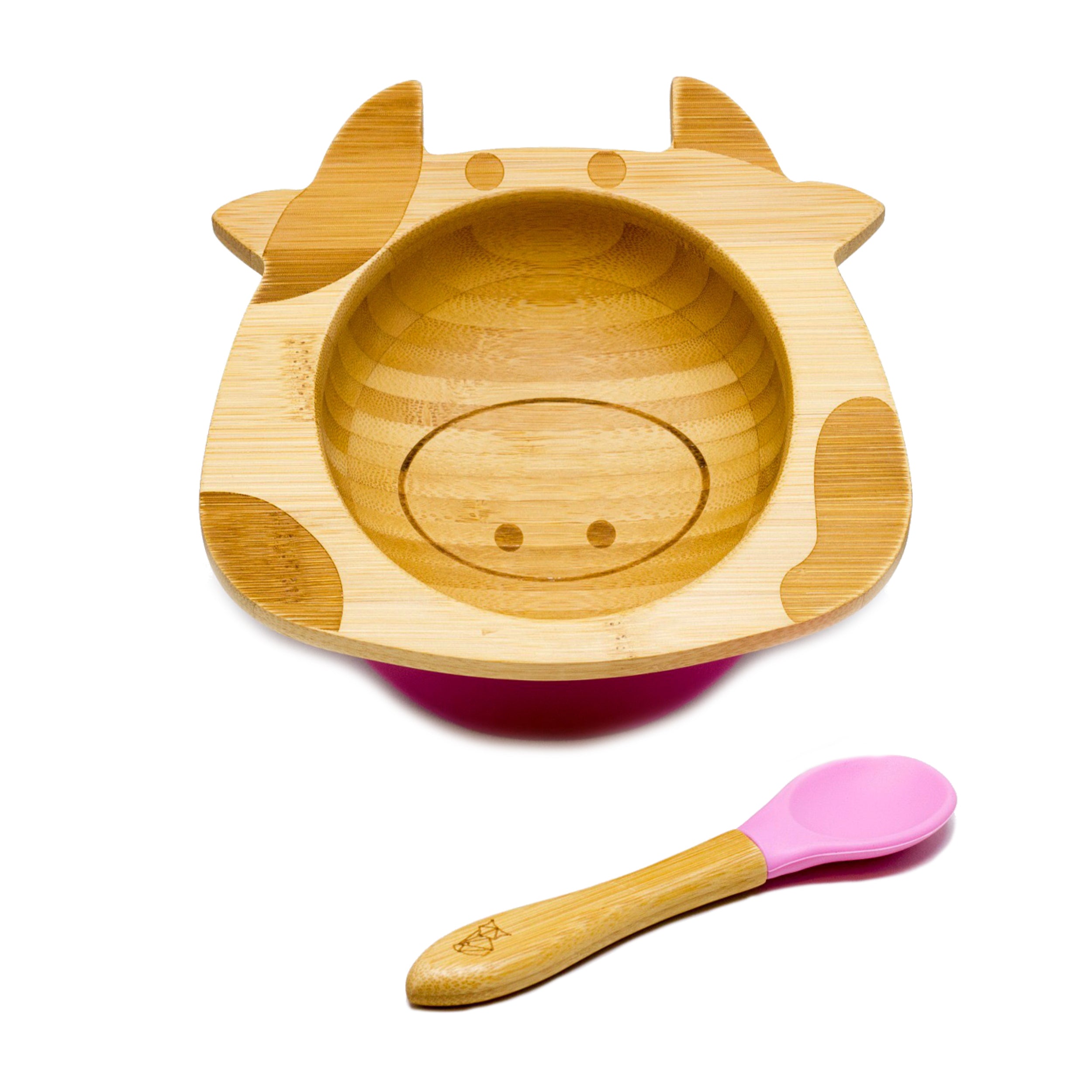 Bambus-Schüssel für Kinder inkl. Löffel - mit Kuhmotiv - Rosa