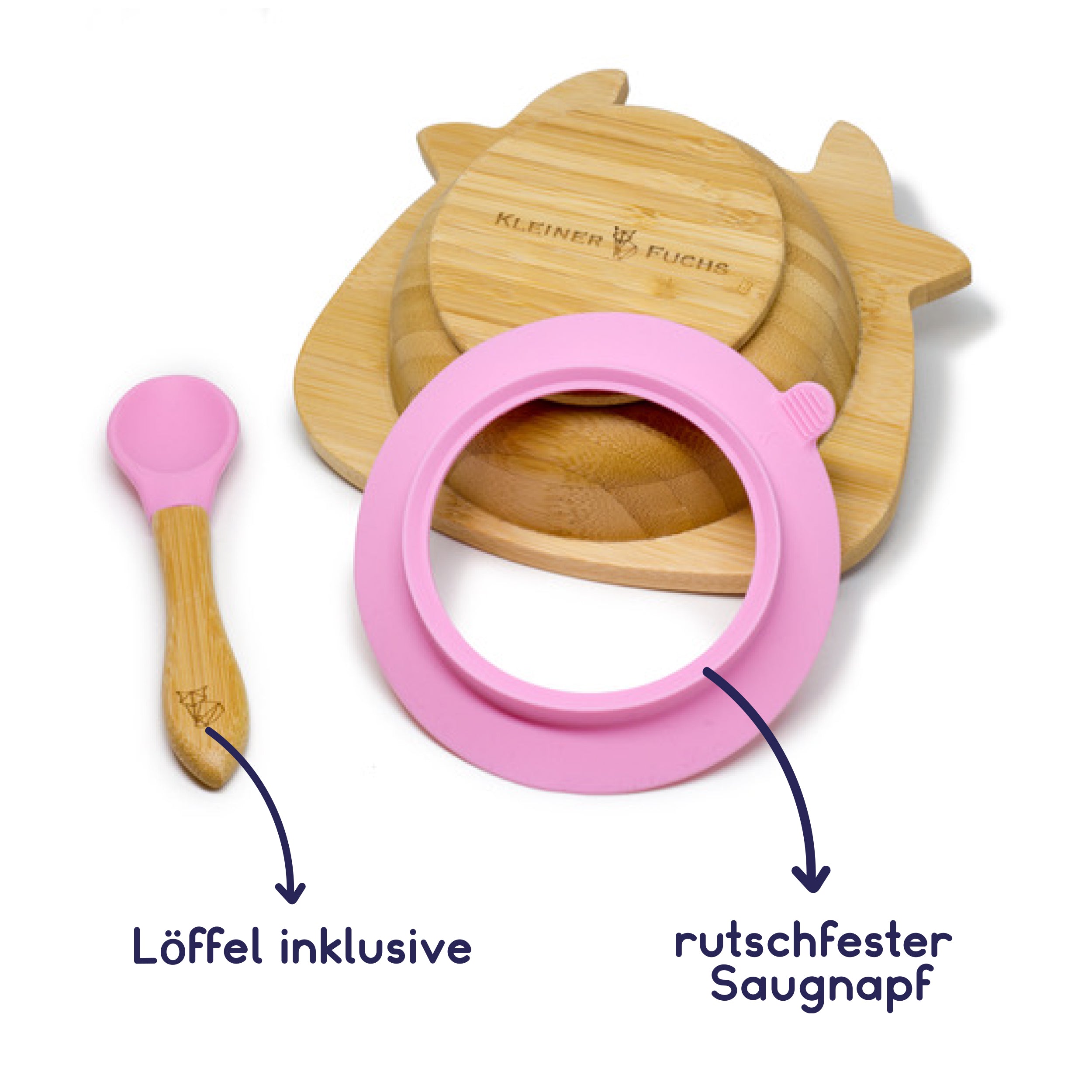 Bambus-Schüssel für Kinder inkl. Löffel - mit Kuhmotiv - Rosa