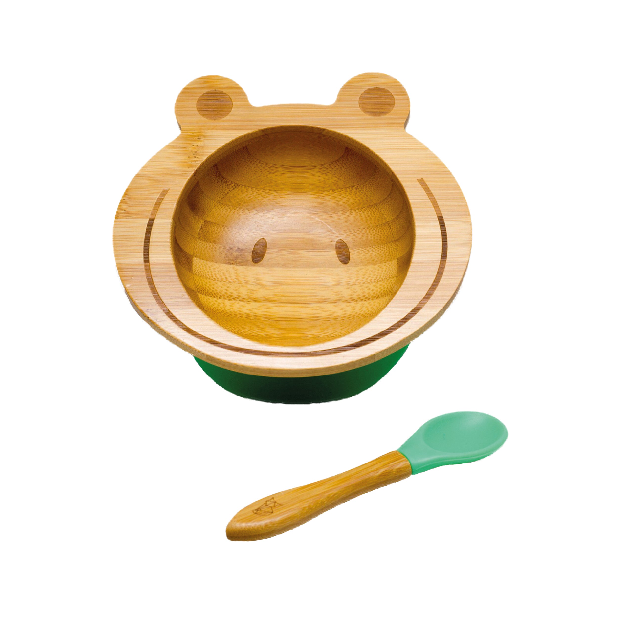 Bambus-Schüssel für Kinder inkl. Löffel - mit Froschmotiv - Grün, naturfarben, kindgerecht und schadstofffrei gestaltet.