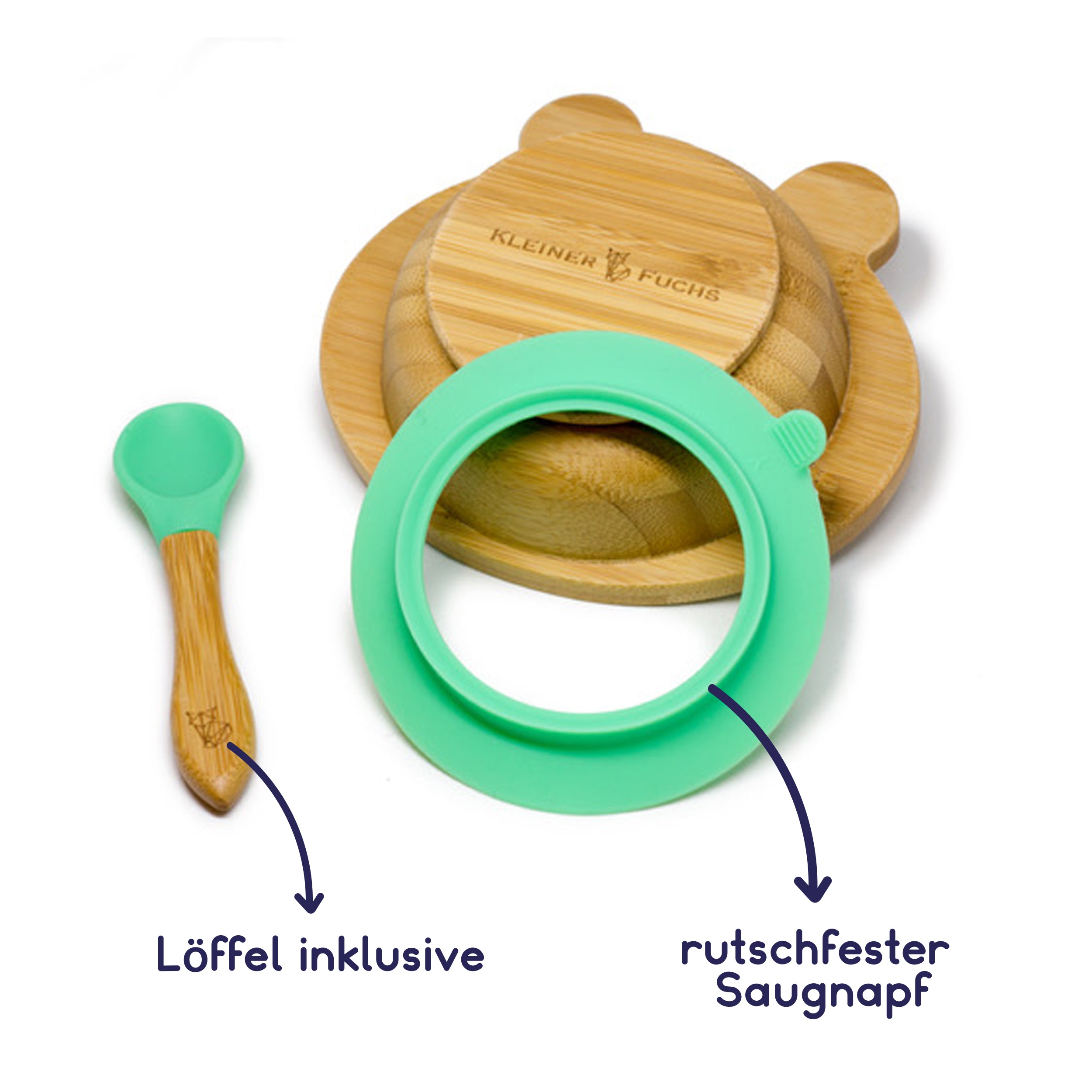 Bambus-Schüssel für Kinder inkl. Löffel - mit Froschmotiv - Grün mit rutschfestem Saugnapf und passendem Löffel aus Bambus und Silikon.