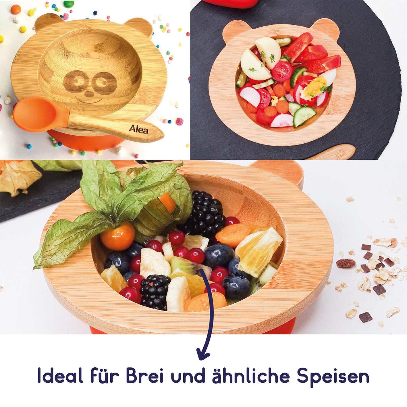 Bambus-Schüssel für Kinder inkl. Löffel - mit Pandamotiv - Orange, geeignet für Brei und Obst als Kindergeschirr.