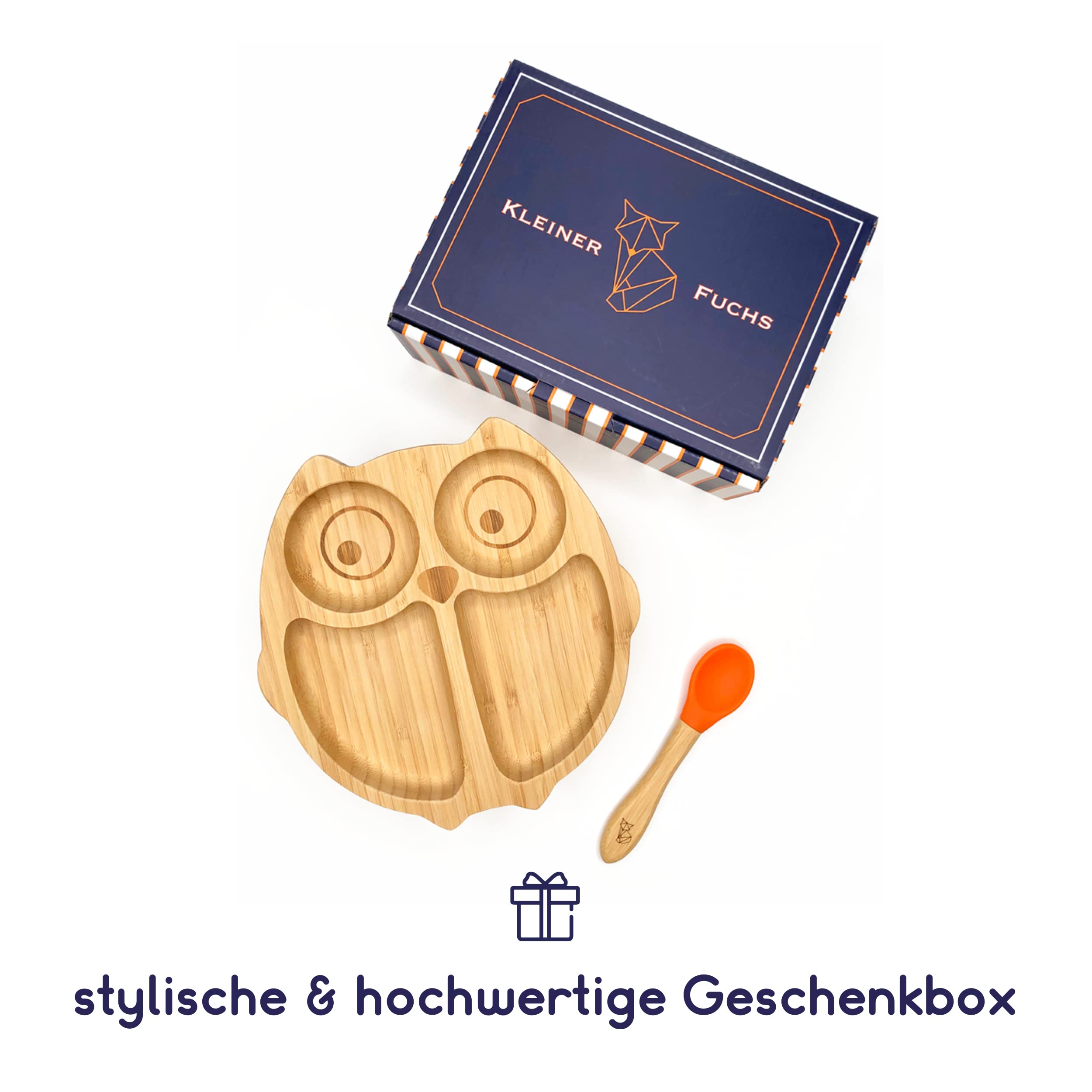 Bambus-Teller für Kinder inkl. Löffel - mit Eulenmotiv - Orange