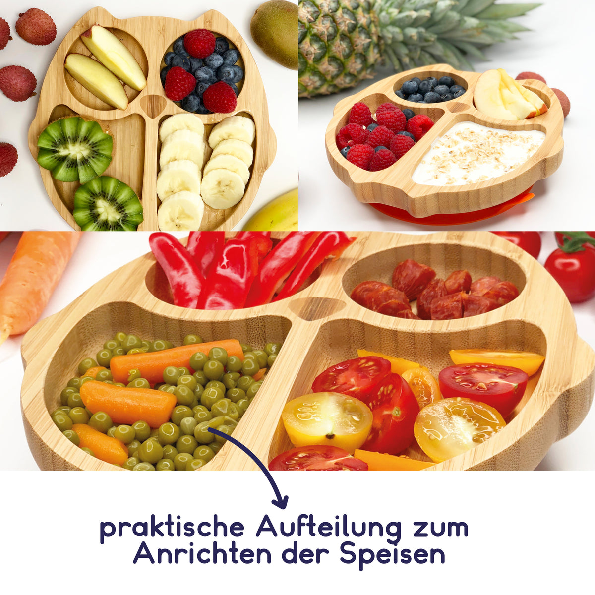 Bambus-Teller für Kinder inkl. Löffel - mit Eulenmotiv - Rosa, geteilter Teller für Obst und Gemüse