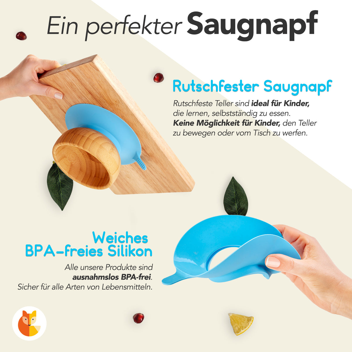 Bambus-Teller für Kinder inkl. Löffel - mit Elefantenmotiv - Blau mit rutschfestem Saugnapf aus Silikon