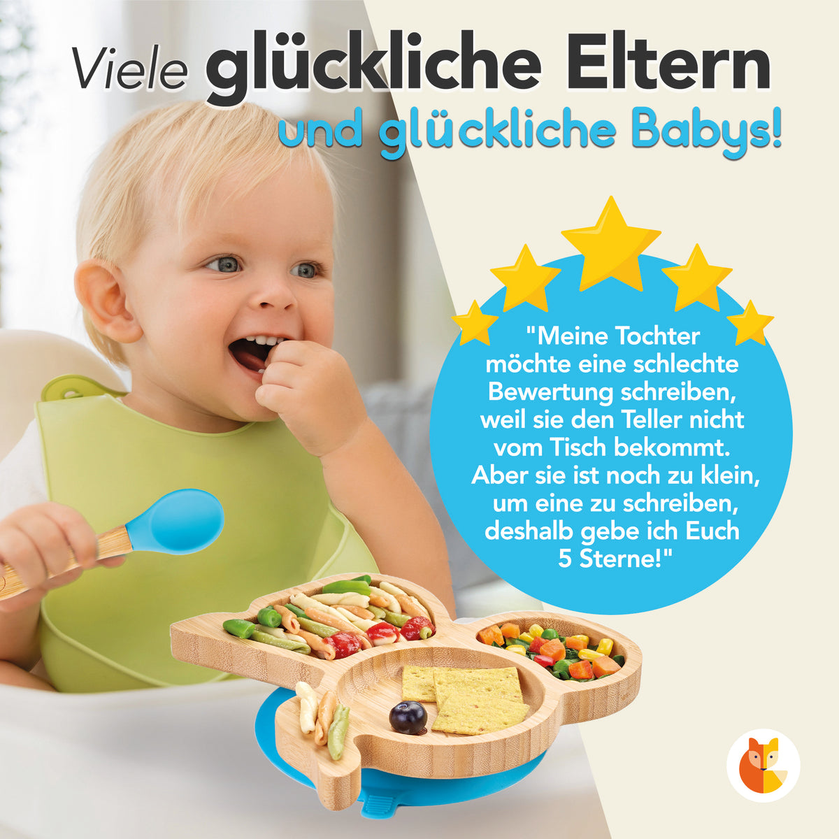 Bambus-Teller für Kinder inkl. Löffel - mit Elefantenmotiv - Blau