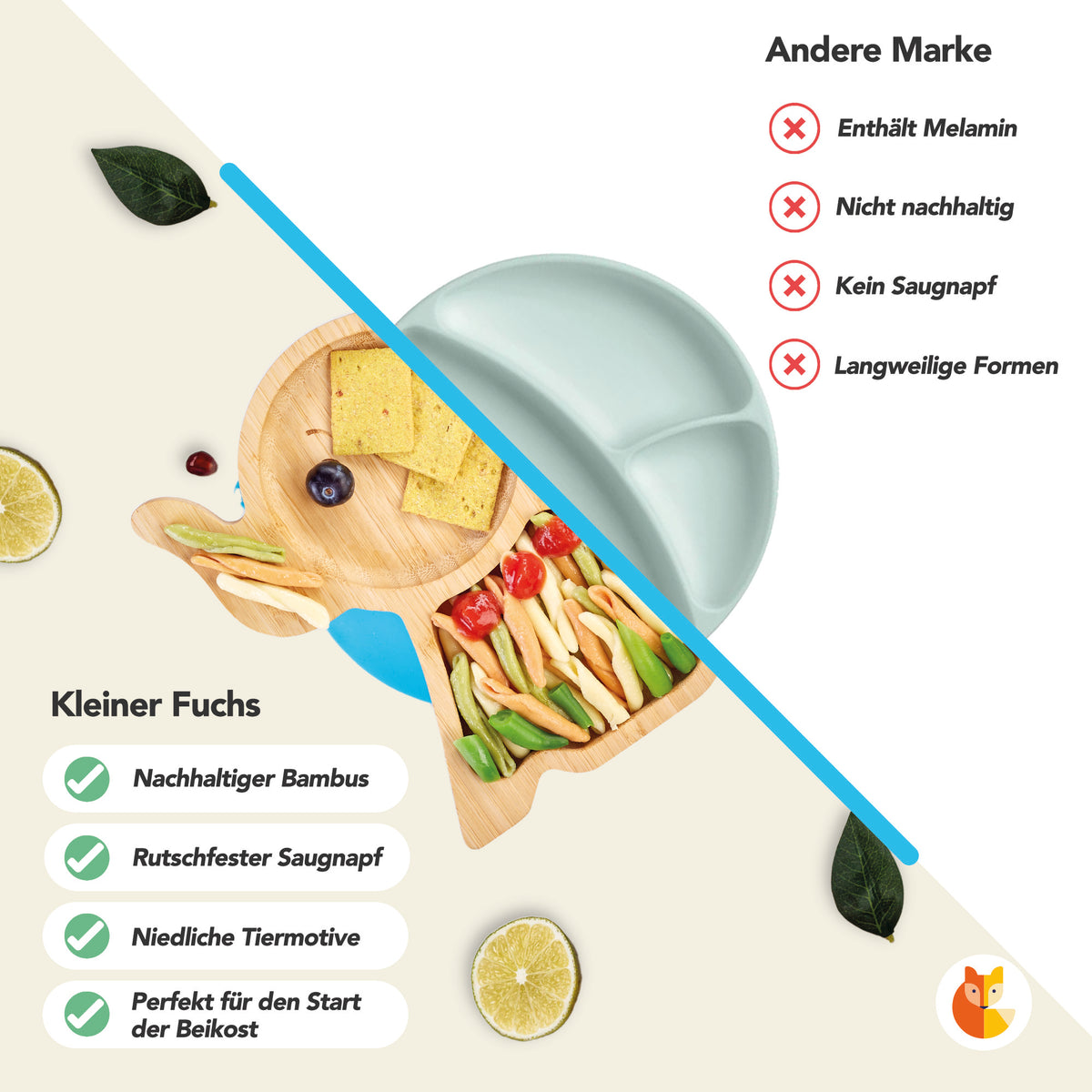 Vergleichs-Infografik: Bambus-Teller für Kinder inkl. Löffel - mit Elefantenmotiv - Blau mit nachhaltigem Bambus und Saugnapf