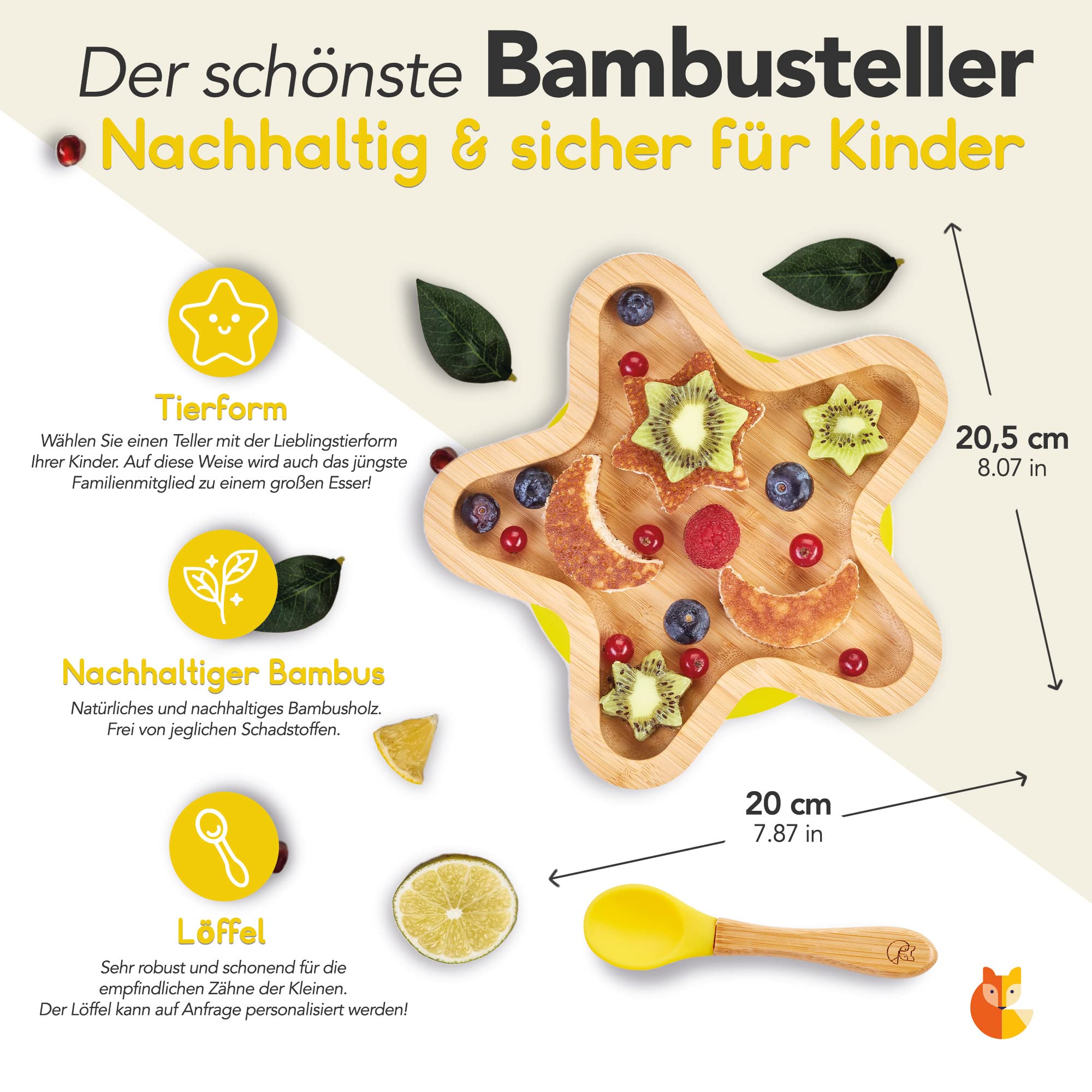 Bambus-Teller für Kinder inkl. Löffel - mit Sternmotiv - Gelb