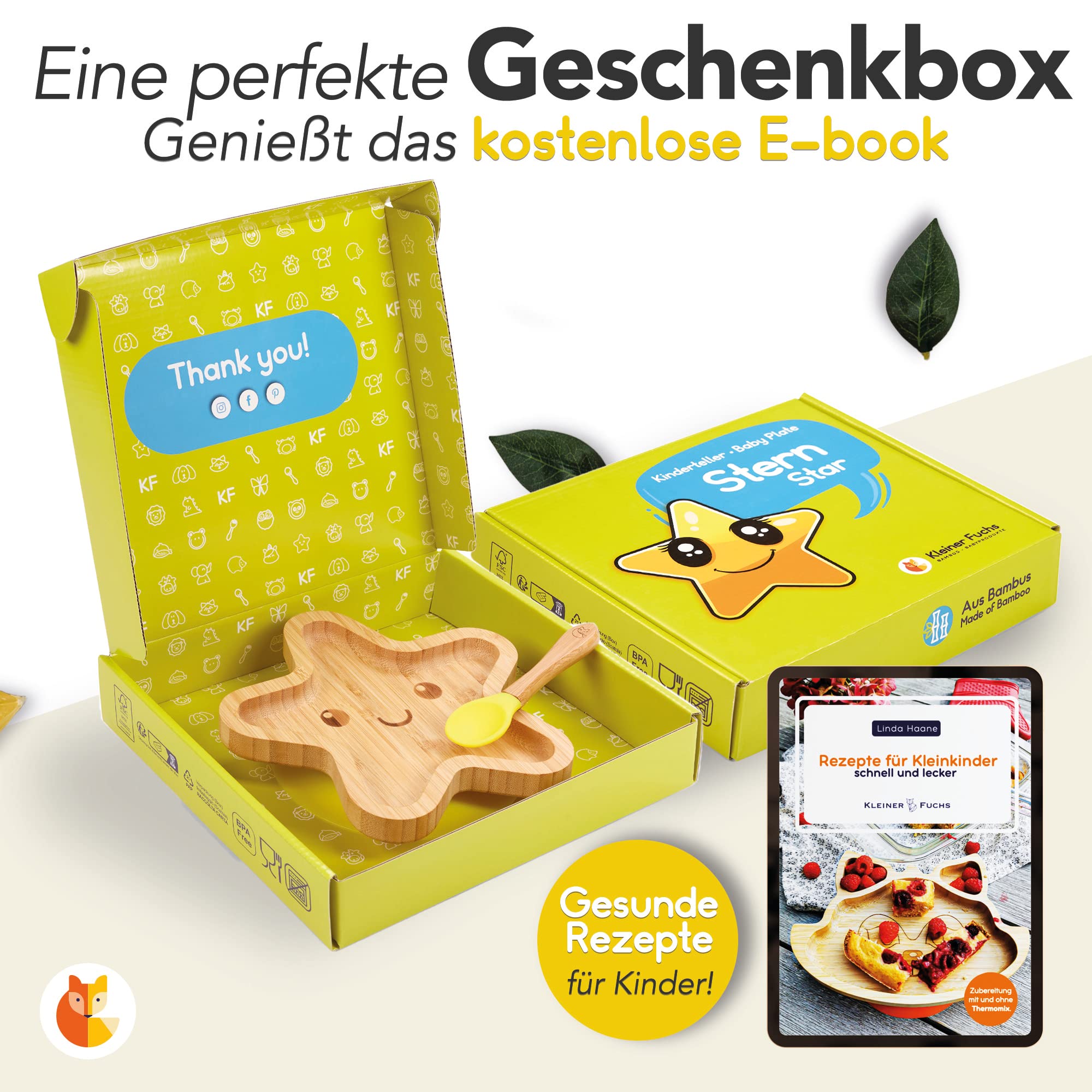 Bambus-Teller für Kinder inkl. Löffel - mit Sternmotiv - Gelb