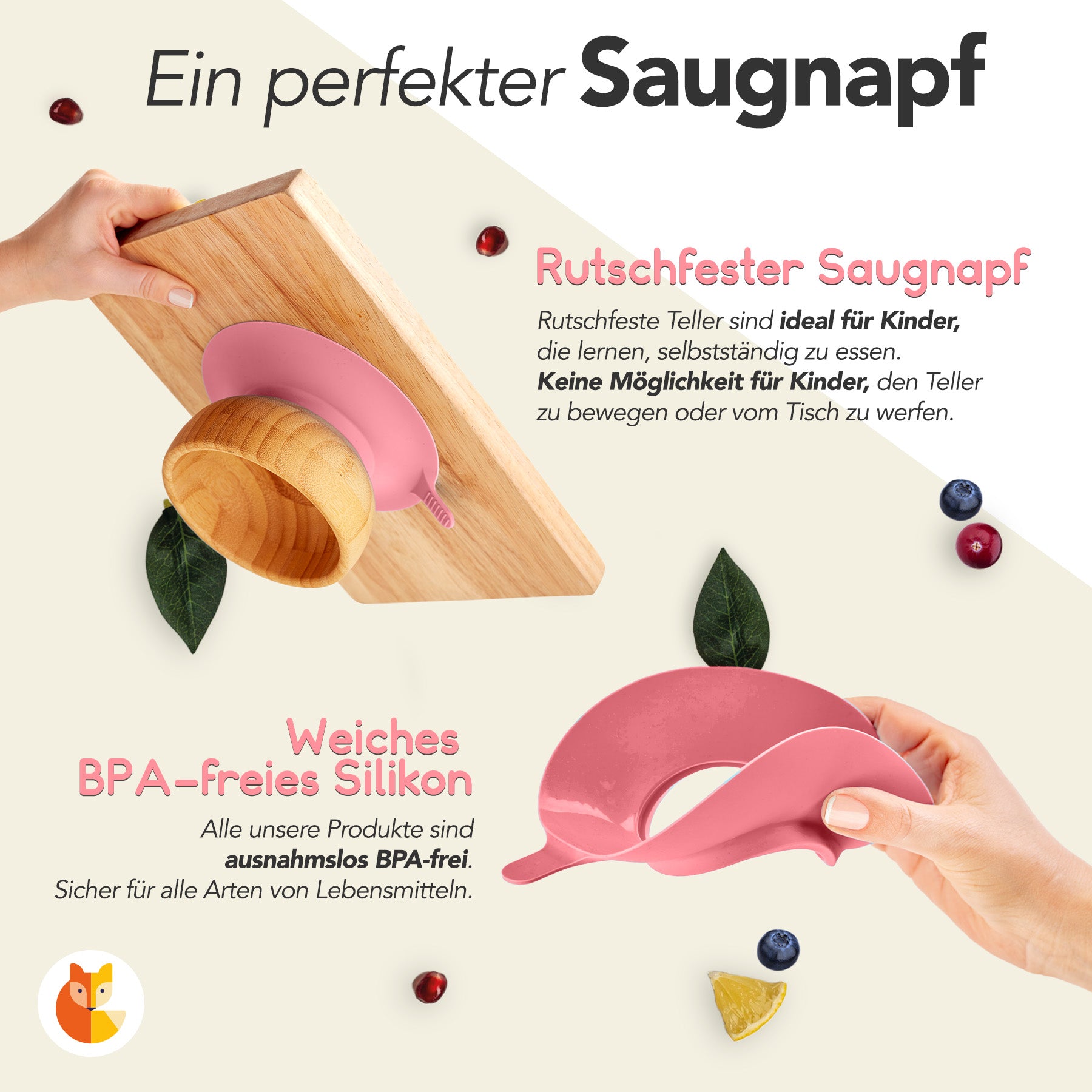 Bambus-Teller für Kinder inkl. Löffel - mit Schmetterlingsmotiv - Rosa mit rutschfestem Saugnapf aus weichem BPA-freiem Silikon