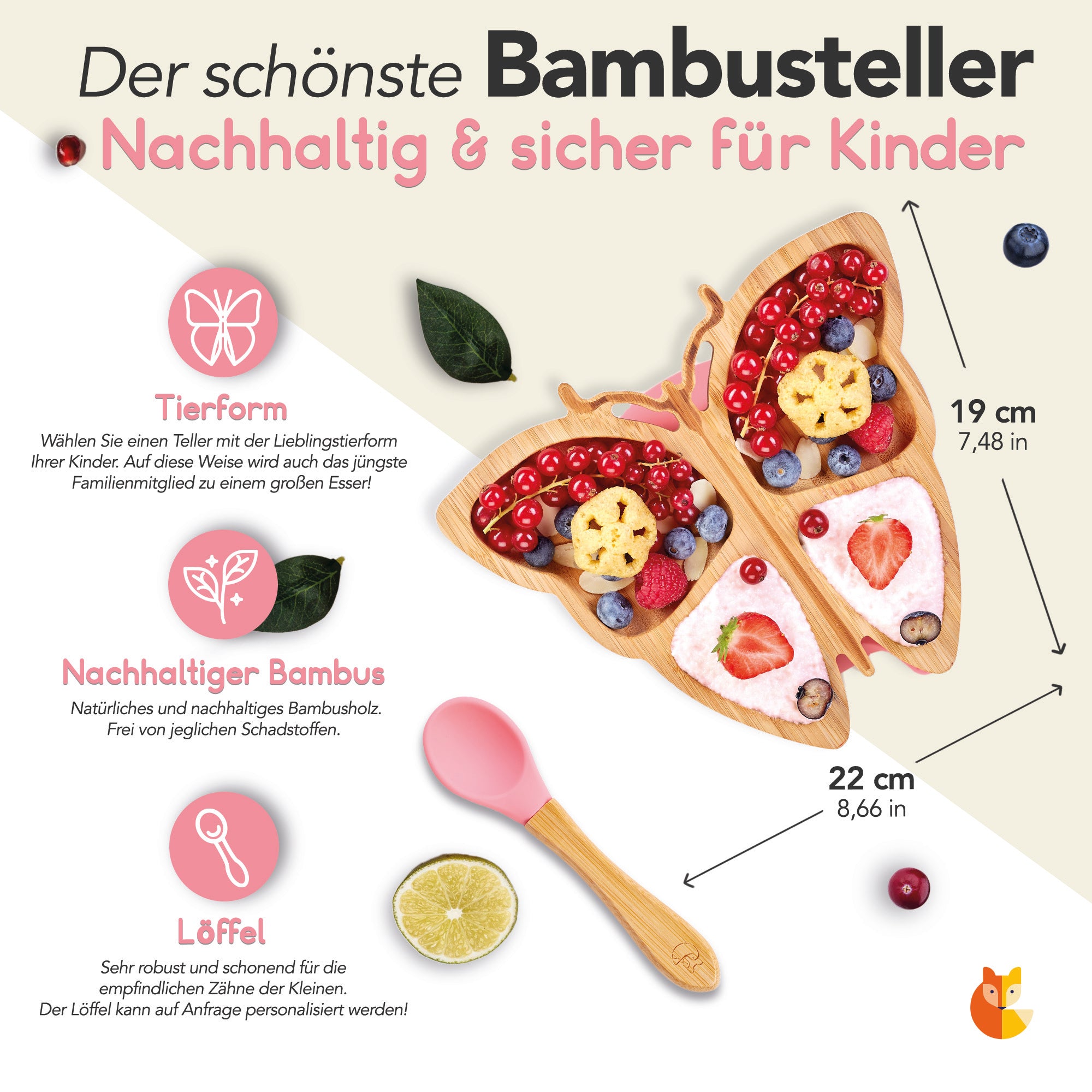 Bambus-Teller für Kinder inkl. Löffel - mit Schmetterlingsmotiv - Rosa, nachhaltig und sicher für kleine Kinderhände.