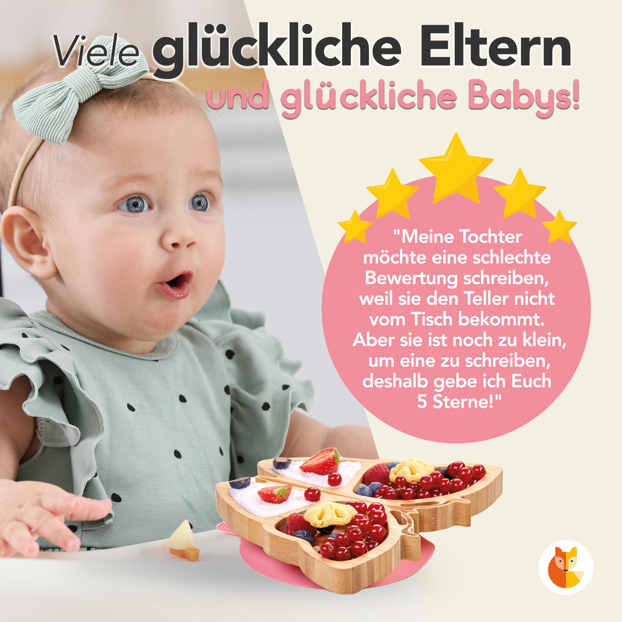 Bambus-Teller für Kinder inkl. Löffel - mit Schmetterlingsmotiv - Rosa mit Obst und Baby, das überrascht auf den Teller schaut.