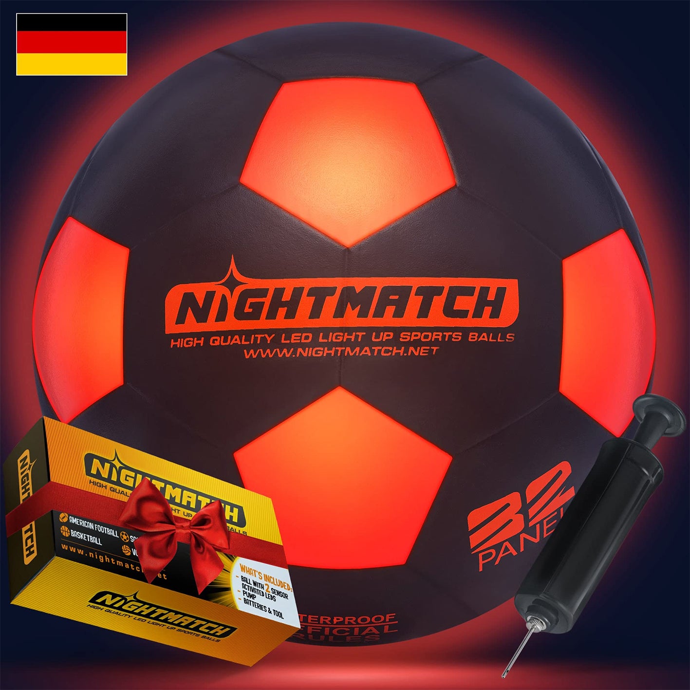 Leuchtfußball - Komplettset - Schwarz-Orange mit LED-Beleuchtung, Pumpe und Geschenkverpackung, ideal für nächtliches Fußballspiel.