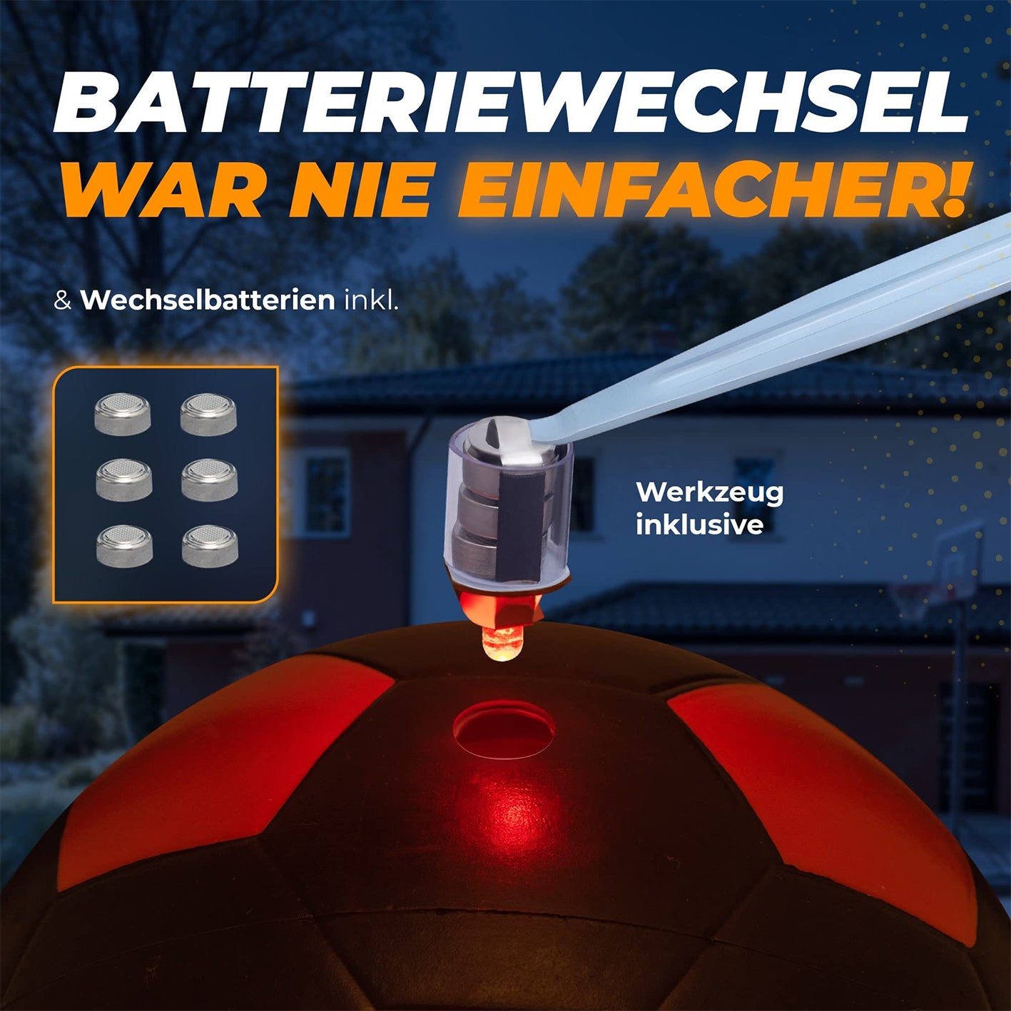 Leuchtfußball - Komplettset - Schwarz-Orange mit einfachem Batteriewechsel, Werkzeug und Wechselbatterien inklusive für nächtlichen Spielspaß.