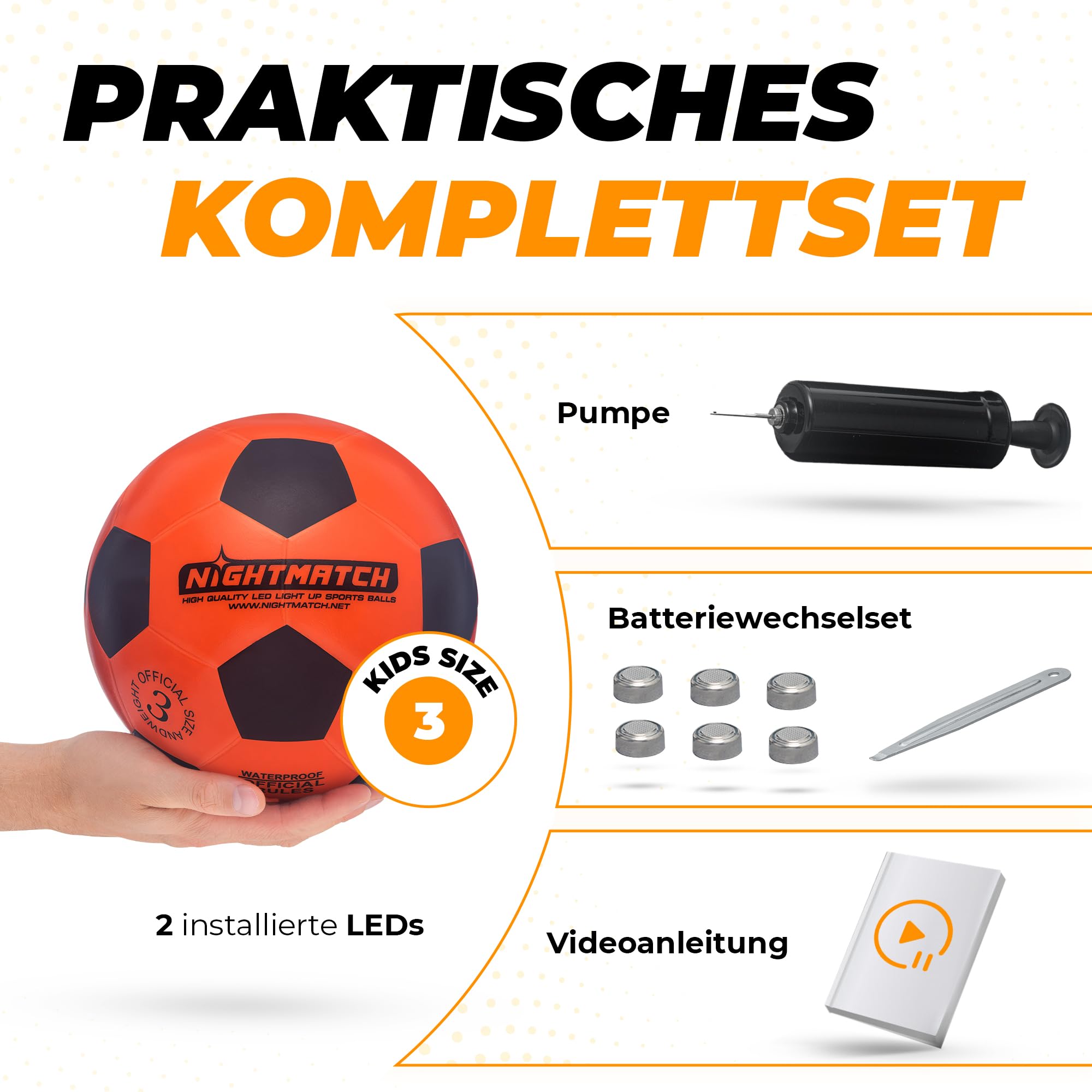 Leuchtfußball - Komplettset - Schwarz-Orange - Gr.3