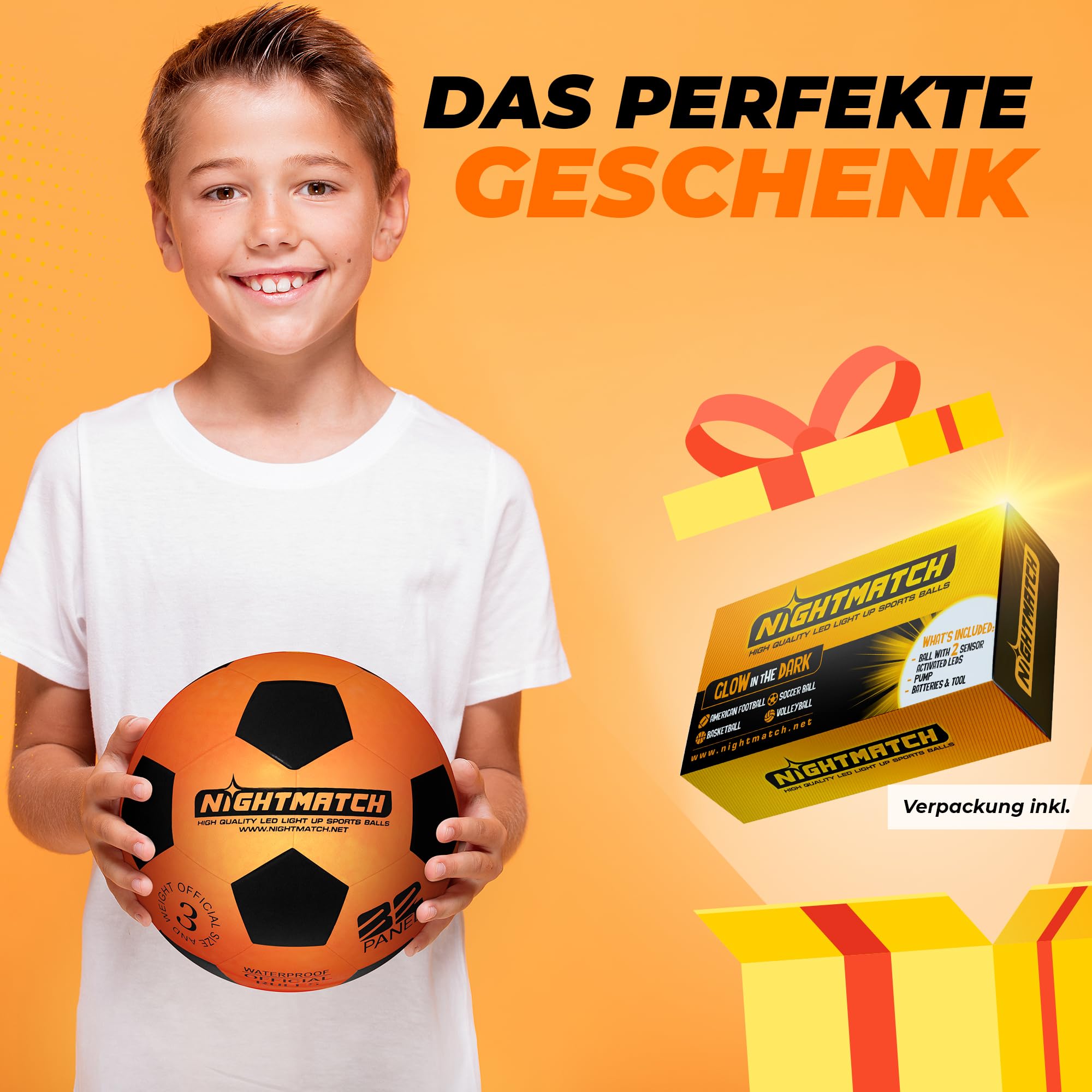 Leuchtfußball - Komplettset - Schwarz-Orange - Gr.3