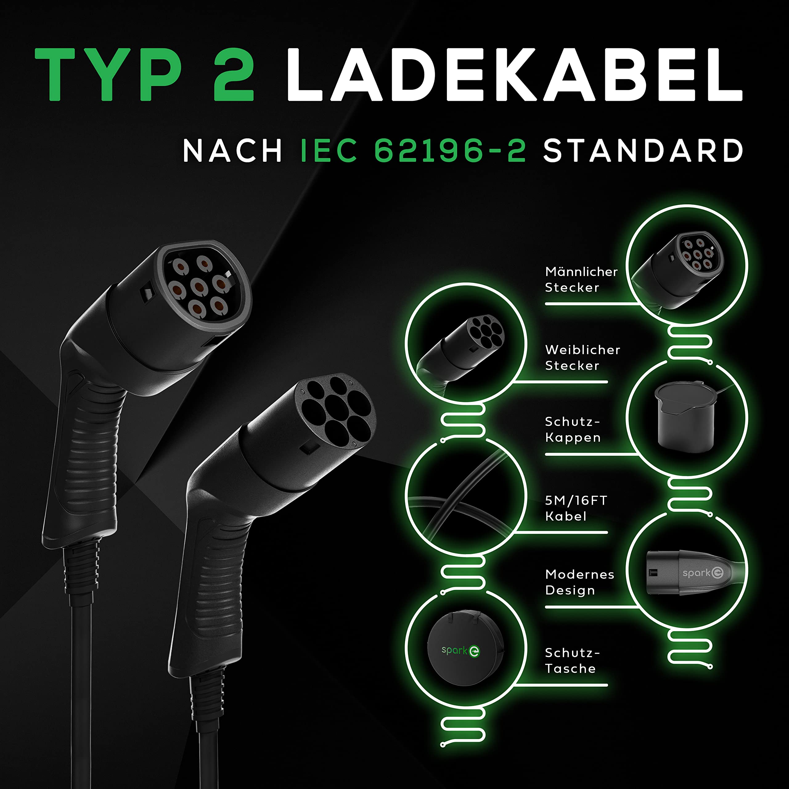 Elektroauto-Ladekabel inkl. Tasche - Typ 2 - 11 kW - 5 m