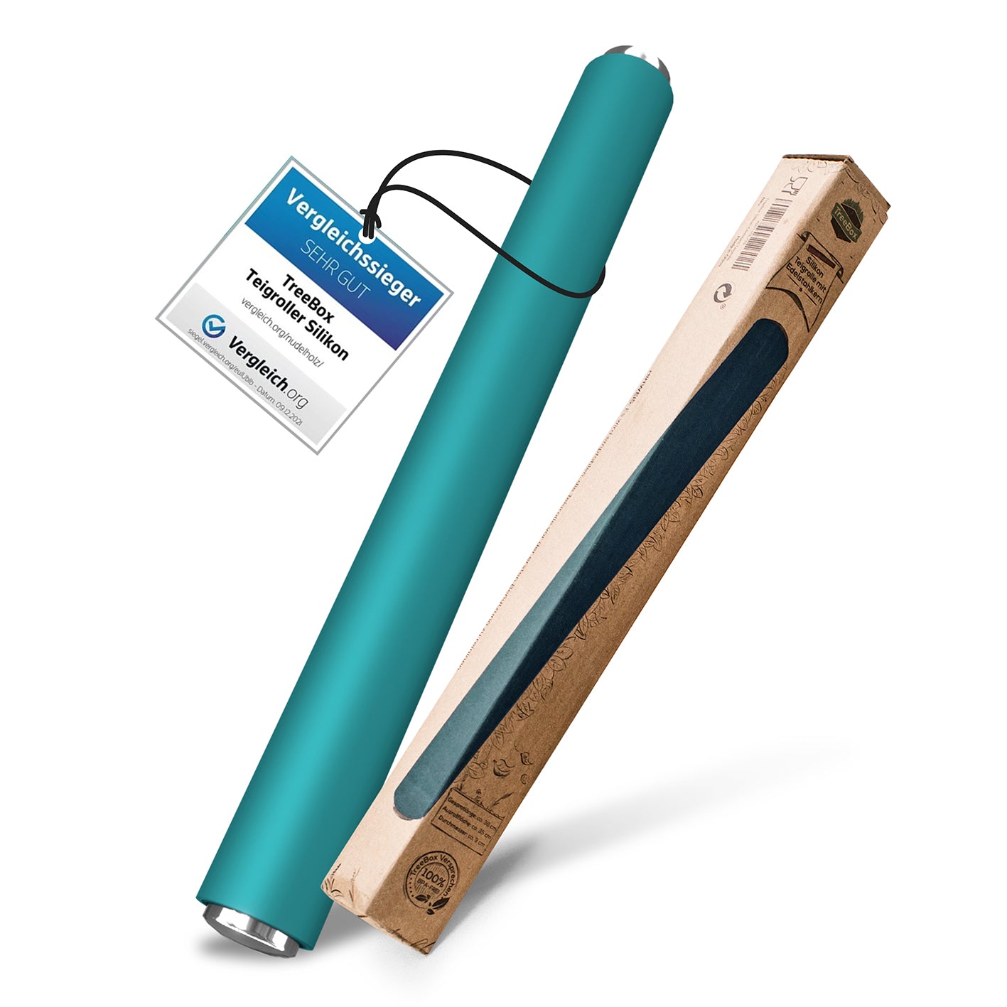 Teigroller aus Silikon - Cyan mit glatter Oberfläche und ergonomischem Design, ideal zum Ausrollen von Teig.