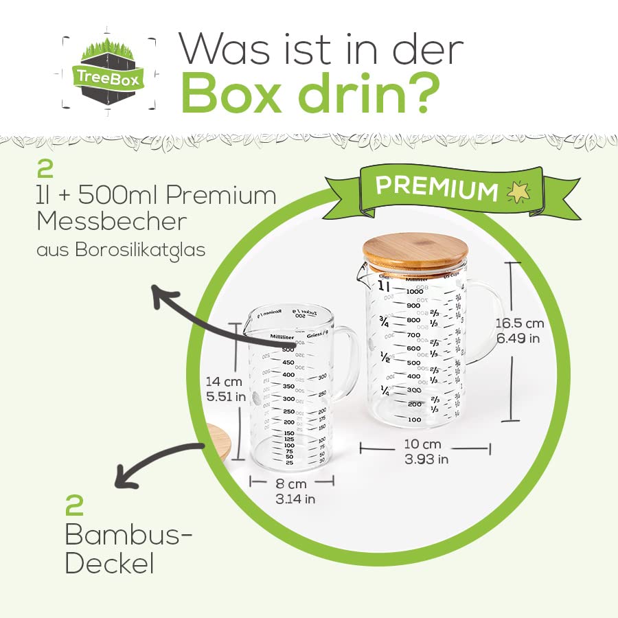 Messbecher - Glas - 2er Set - 1 L & 500 ml - mit Bambusdeckel