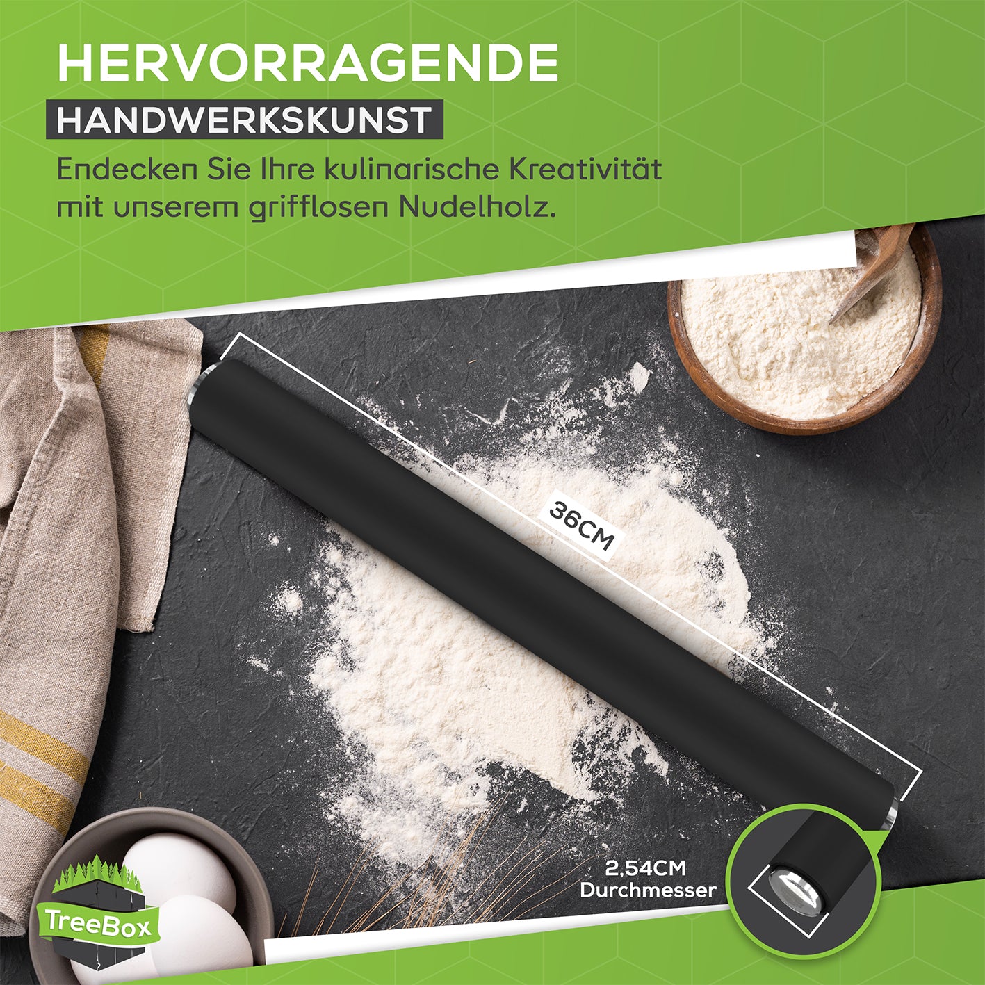 Teigroller aus Silikon - Schwarz auf Mehl liegend, ideal zum Teig ausrollen ohne Griffe, 36 cm lang und 2,54 cm Durchmesser.