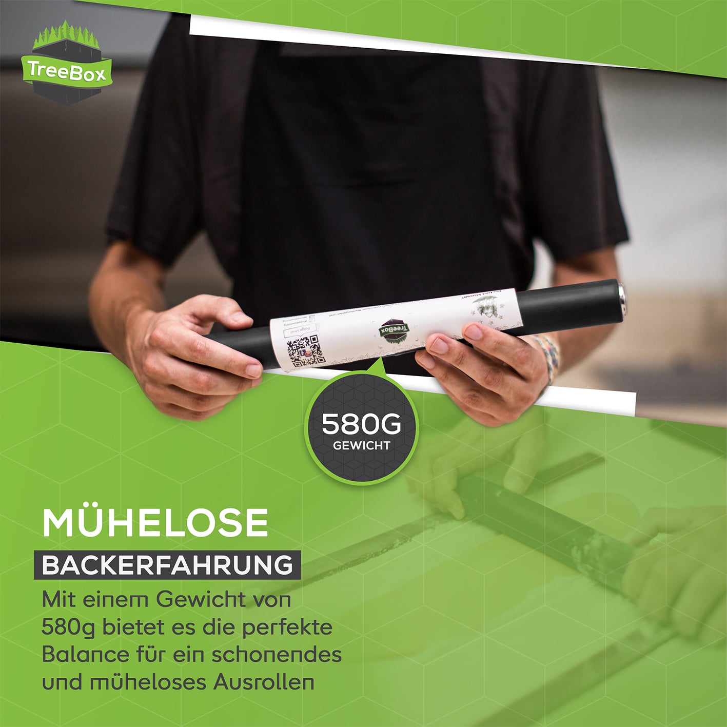 Teigroller aus Silikon - Schwarz wird mit 580g für müheloses und schonendes Ausrollen geliefert.