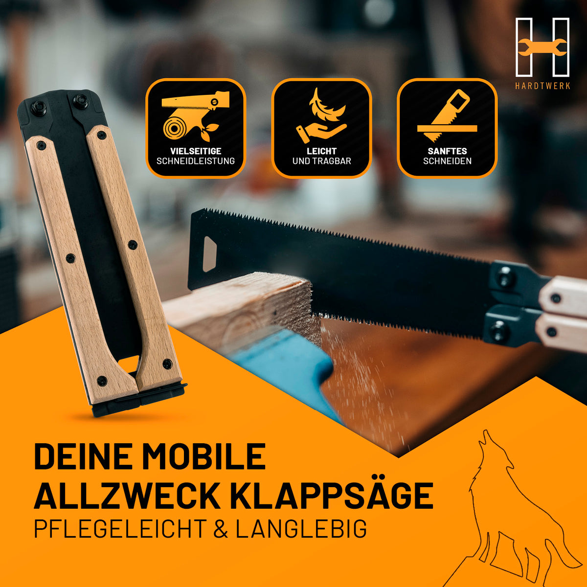 KONGŌ-JAPANSÄGE als mobile Klappsäge mit Holzgriffen beim Sägen von Holz