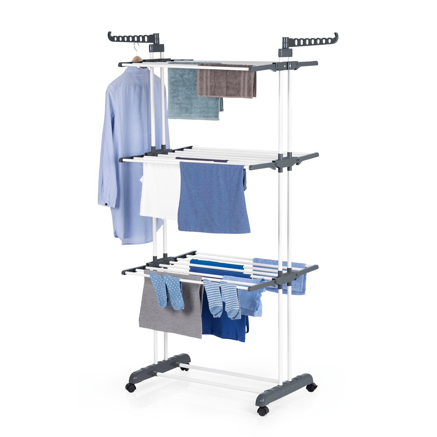 Wäsche-Tower 1600 - Grau mit drei Ebenen, zwei Seitenflügeln und 16 m Trockenlänge, ideal für drinnen und draußen.