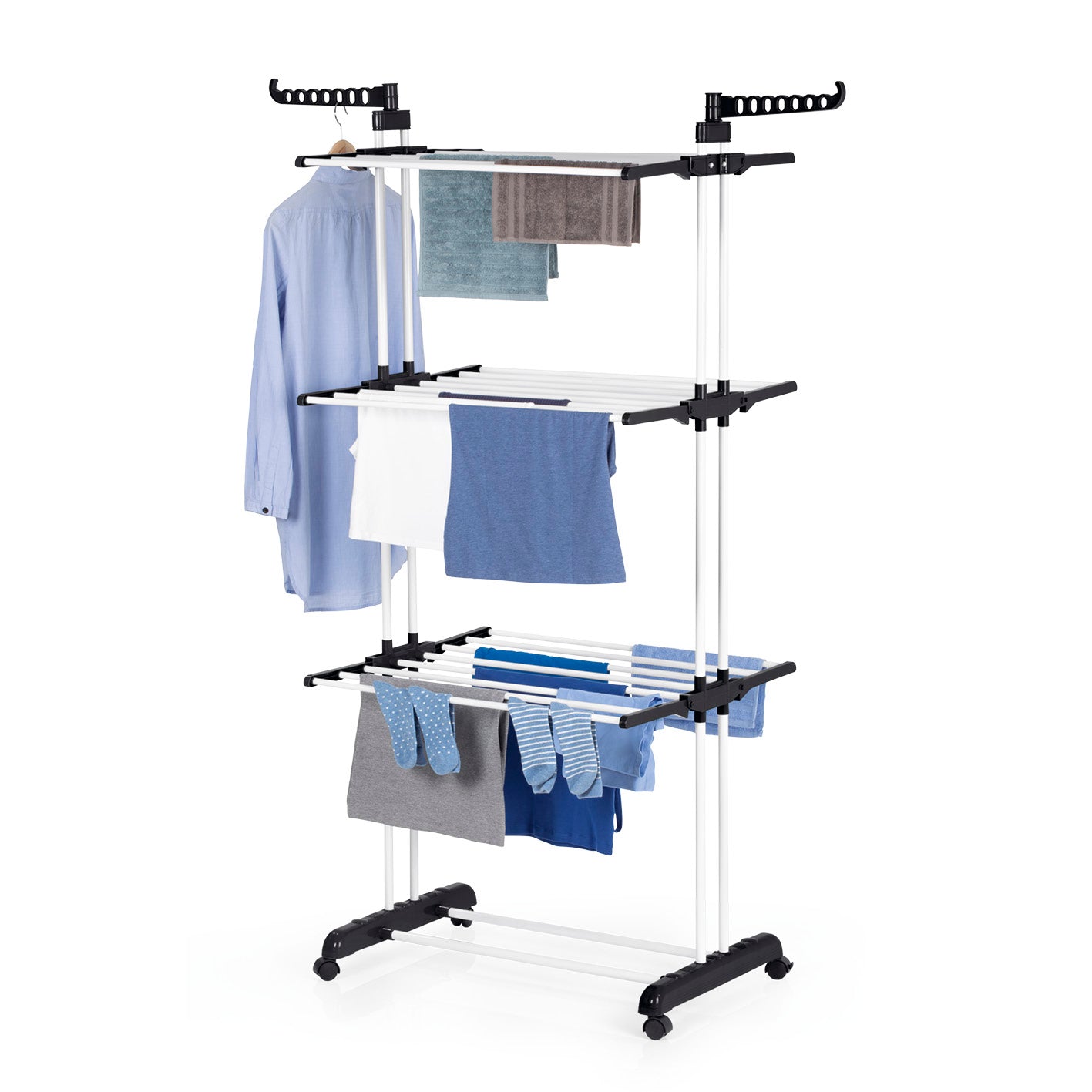 Wäsche-Tower 1600 - Schwarz mit drei Ebenen und zwei Seitenflügeln, platzsparend und faltbar für bis zu 14 Bügel Wäsche