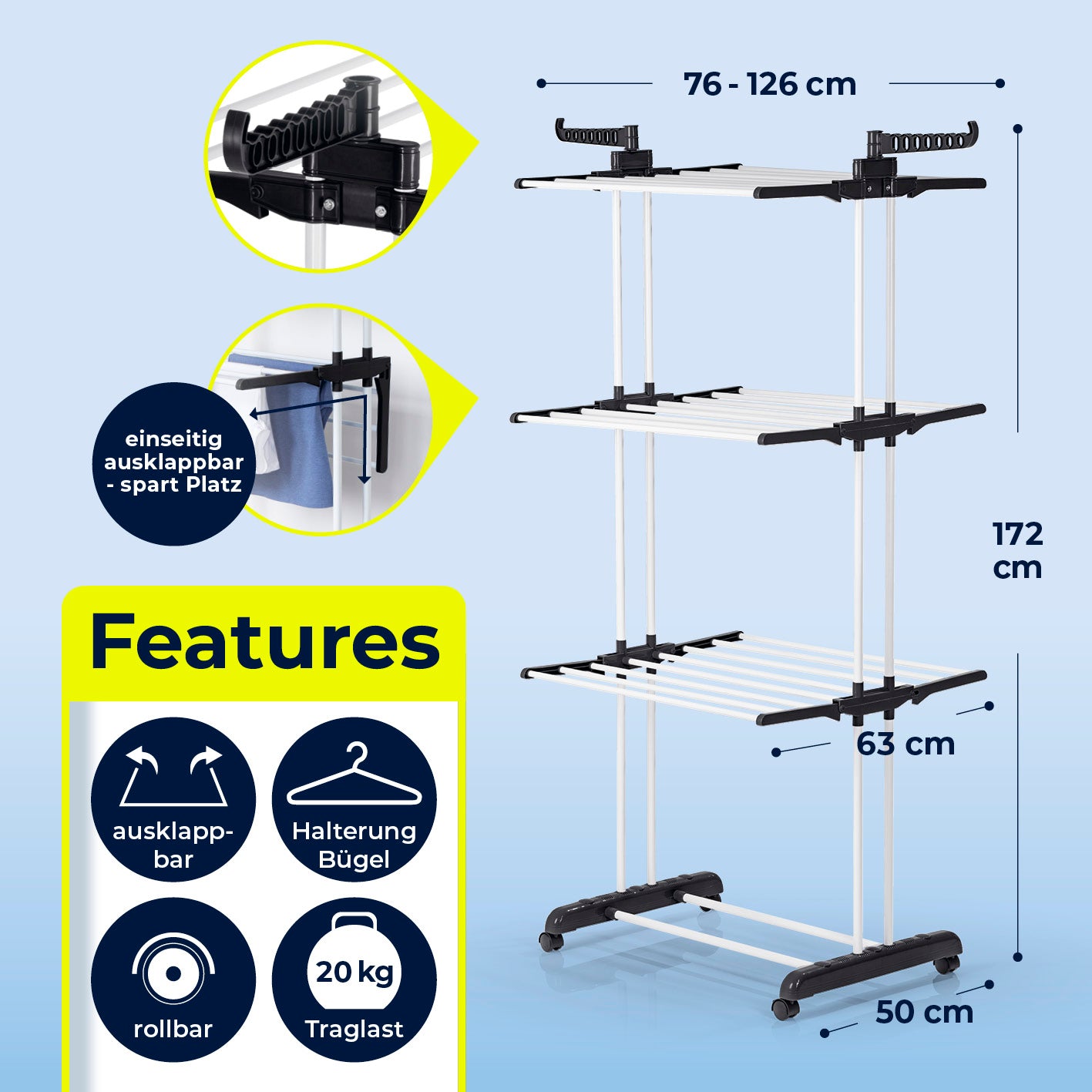Wäsche-Tower 1600 - Schwarz, klappbar, rollbar, Platz für 14 Bügel, 172 cm hoch, 126 cm breit, 20 kg Traglast.