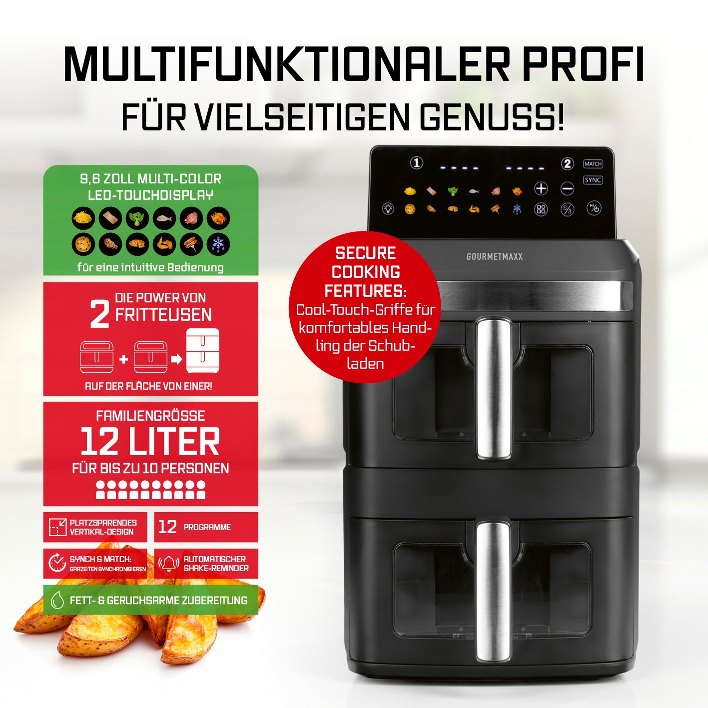 FryUp XL Vertikale Doppelkammer-Heißluftfritteuse mit Sichtfenster - 12 L