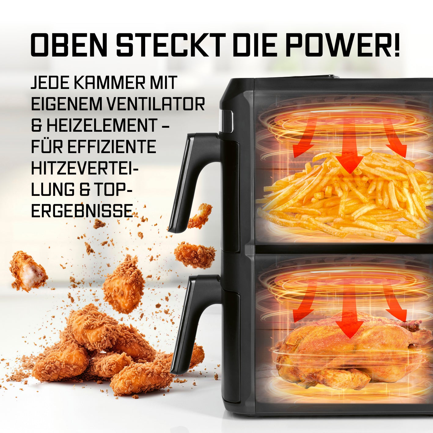 FryUp XL Vertikale Doppelkammer-Heißluftfritteuse mit Sichtfenster - 12 L