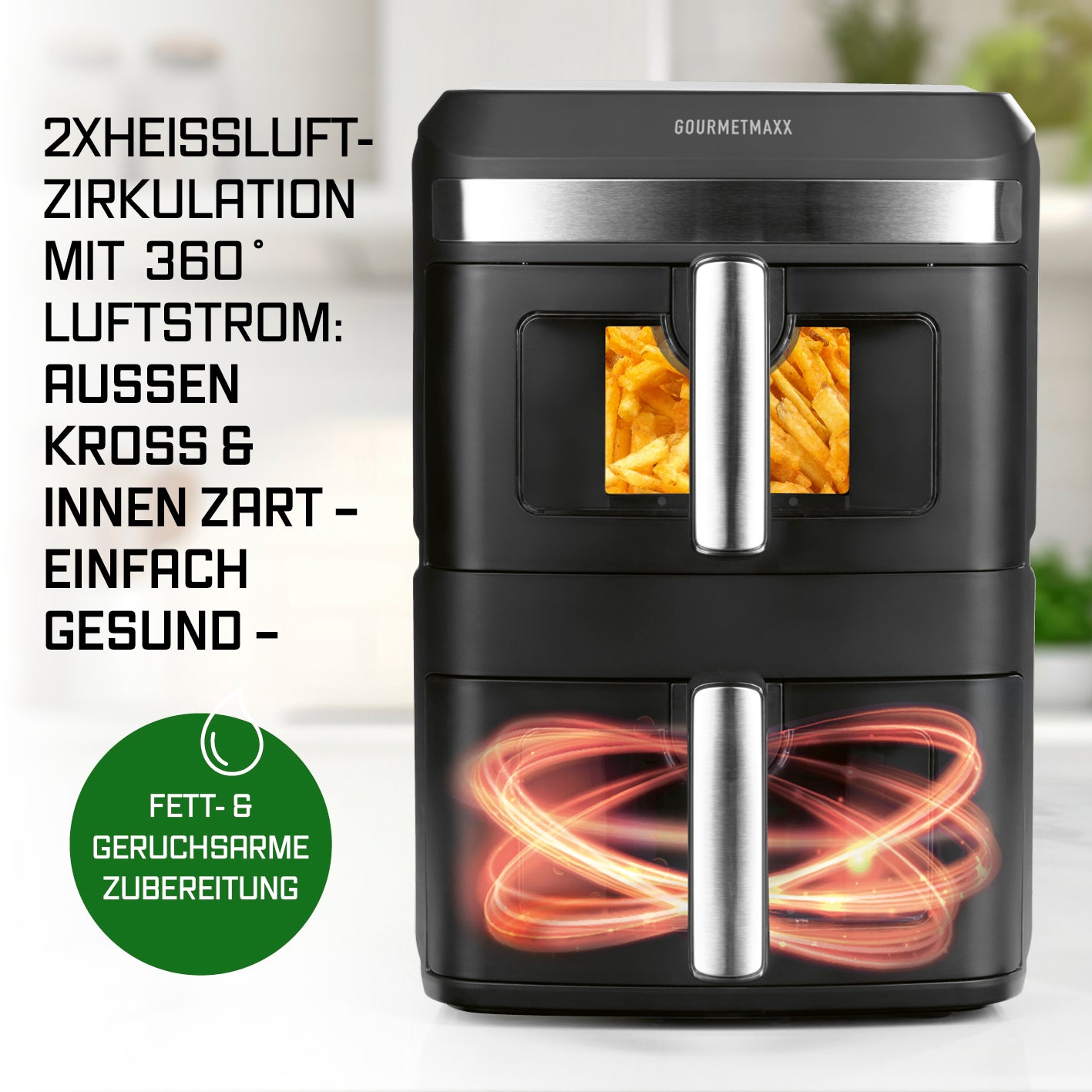 FryUp XL Vertikale Doppelkammer-Heißluftfritteuse mit Sichtfenster - 12 L