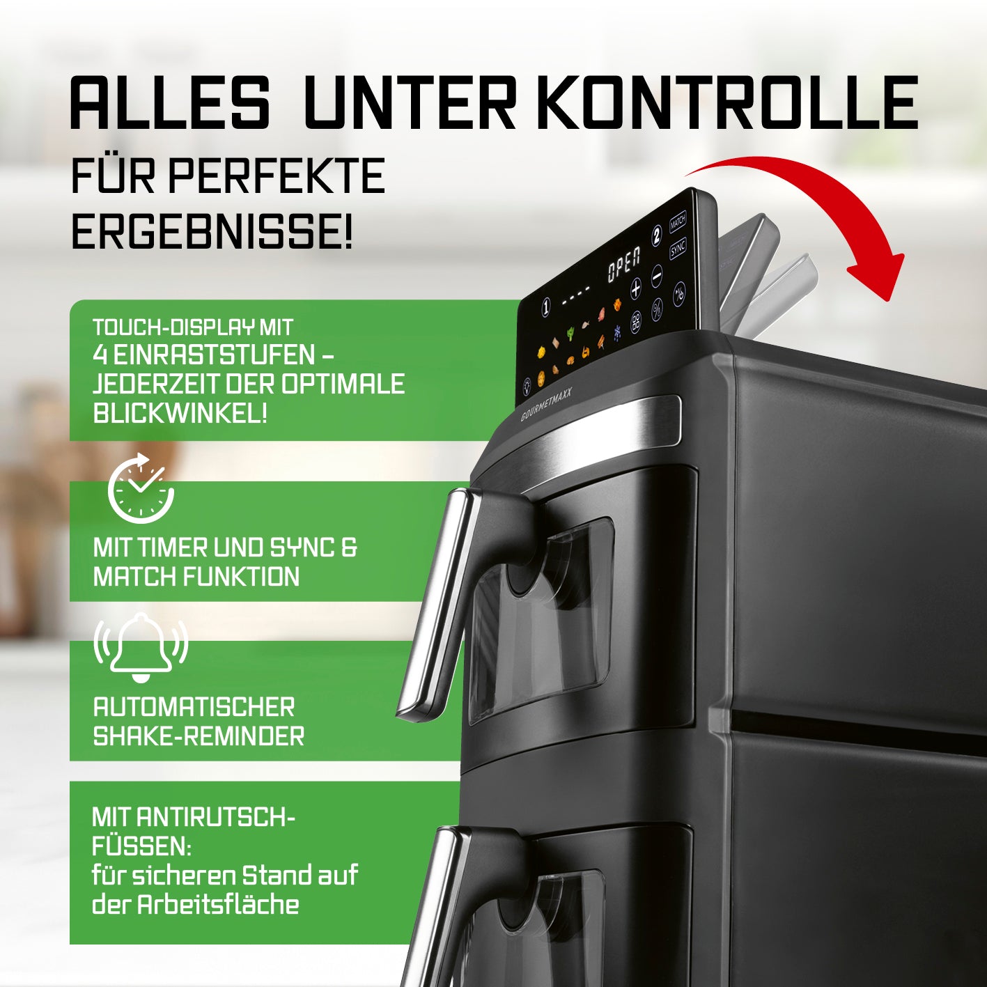 FryUp XL Vertikale Doppelkammer-Heißluftfritteuse mit Sichtfenster - 12 L