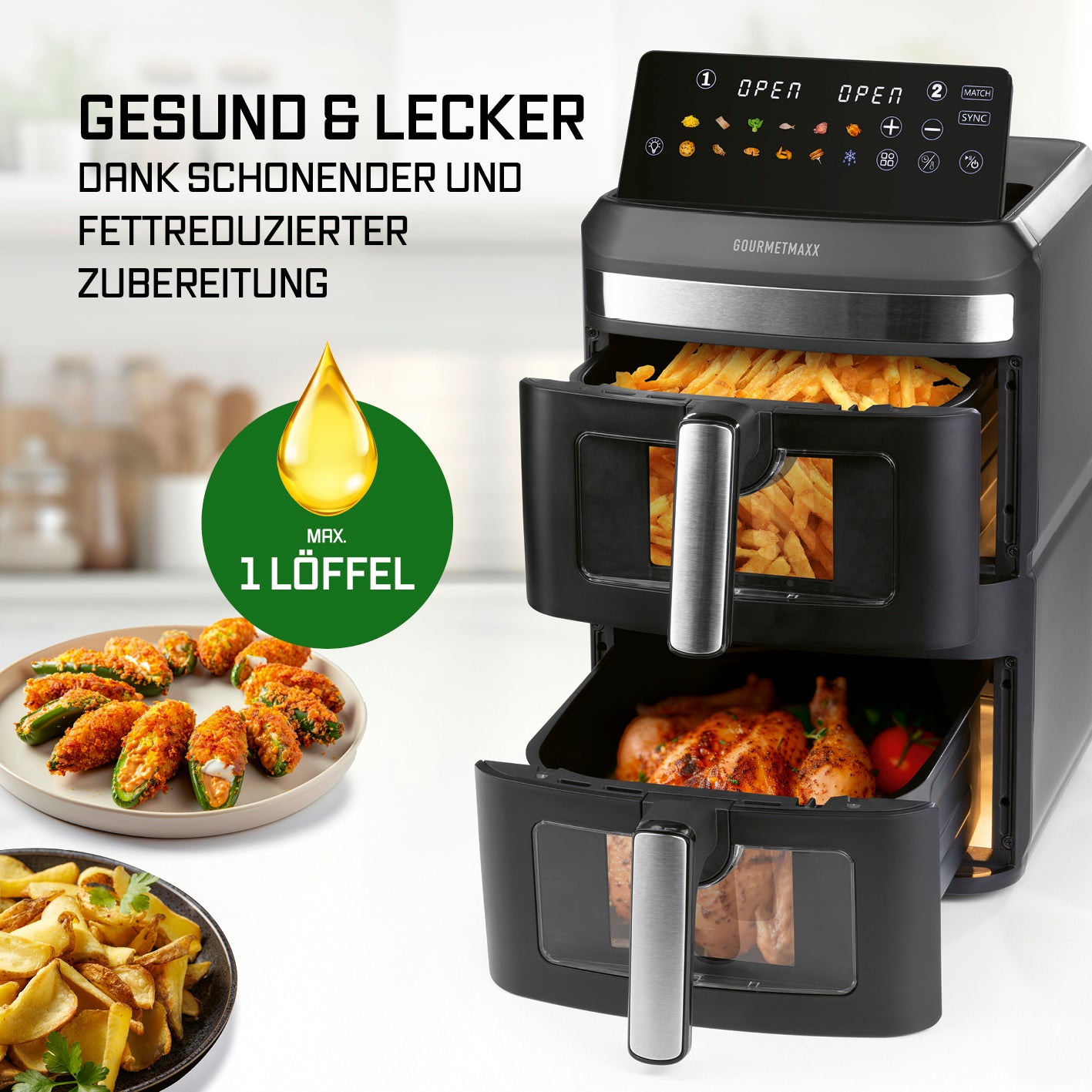 FryUp XL Vertikale Doppelkammer-Heißluftfritteuse mit Sichtfenster - 12 L