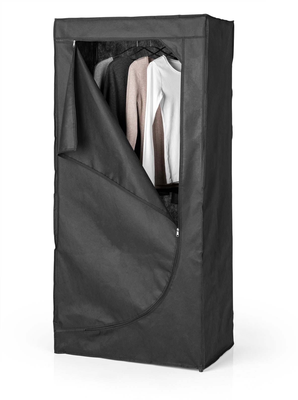 Stoffschrank mit Reißverschluss und Kleiderstange in Schwarz, geöffnet mit sichtbarer Kleidung