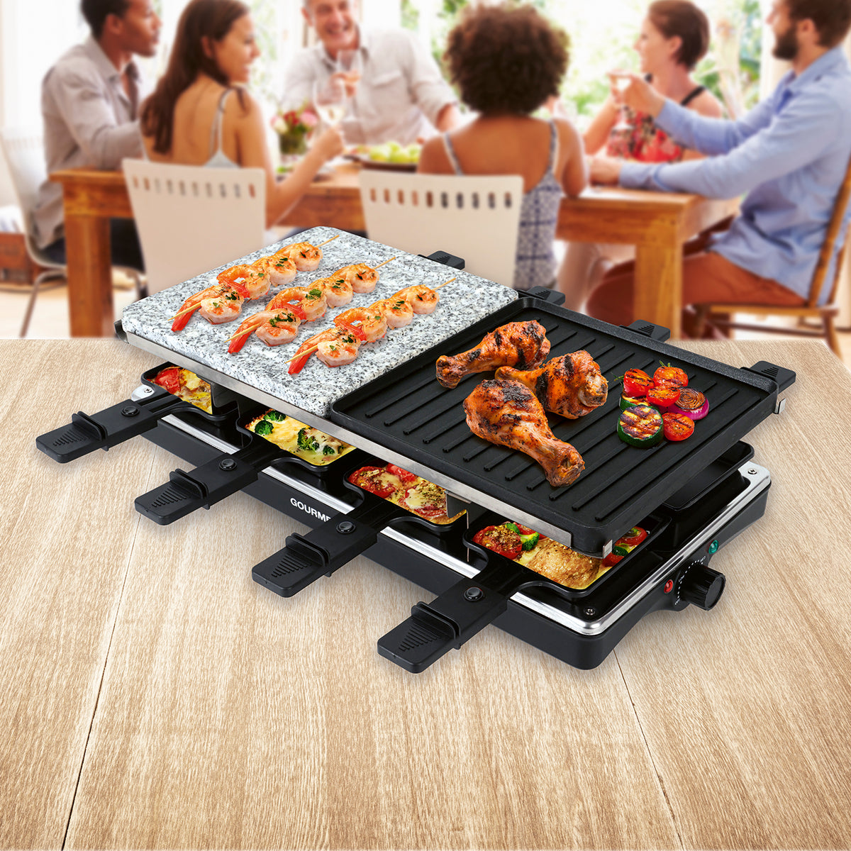 Raclettegrill - 8 Personen - Schwarz/Edelstahl mit Grillplatte, Naturstein und Raclettepfännchen
