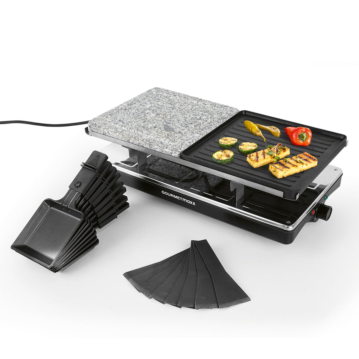 Raclettegrill - 8 Personen - Schwarz/Edelstahl mit Grillplatte und Pfännchen