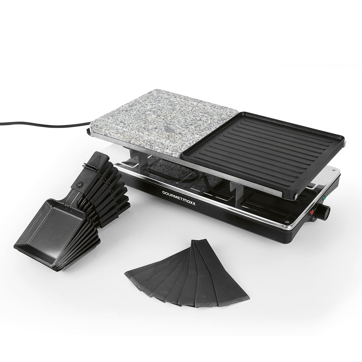 Raclettegrill - 8 Personen - Schwarz/Edelstahl mit Natursteinplatte Grillplatte und Pfännchen