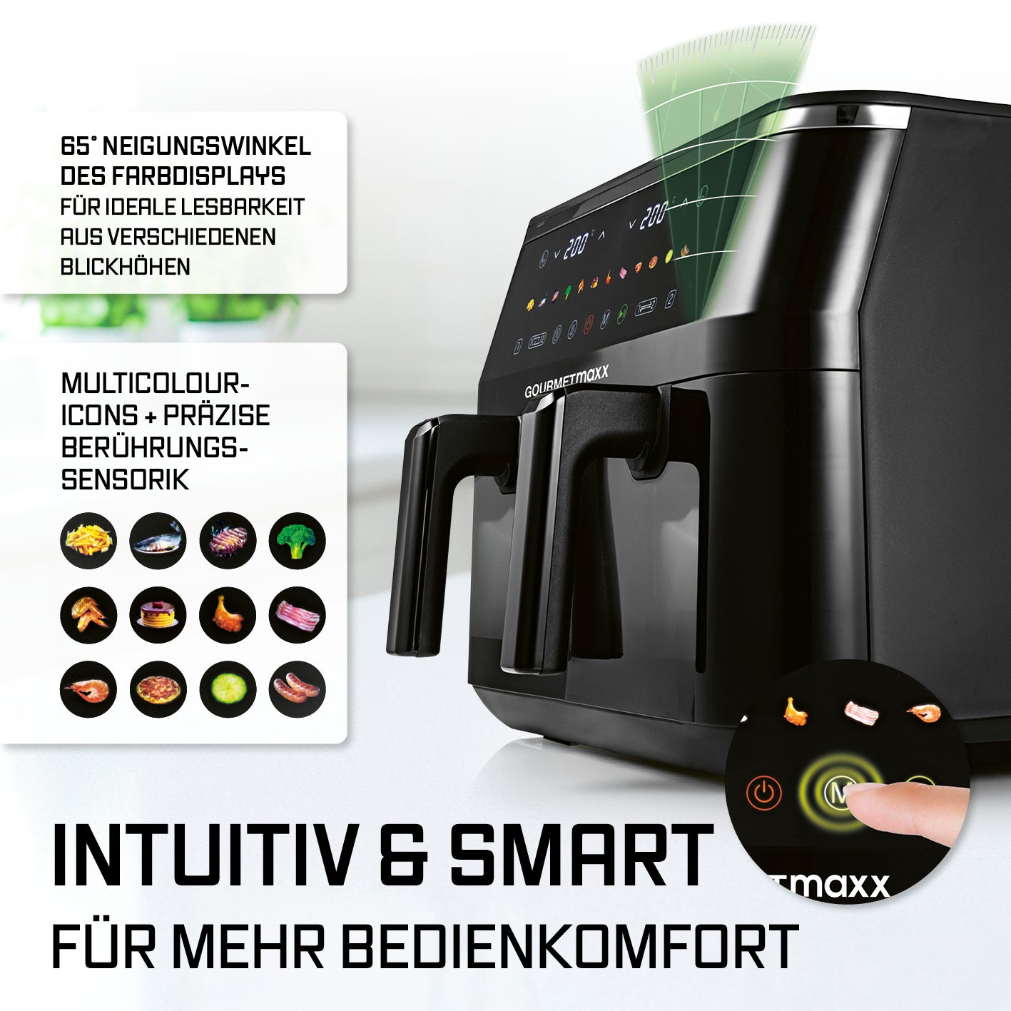 Doppelkammer-Heißluftfritteuse mit Sichtfenstern - 9 Liter (2 x 4,5 l) mit geneigtem LED-Touchdisplay und präziser Sensortechnik