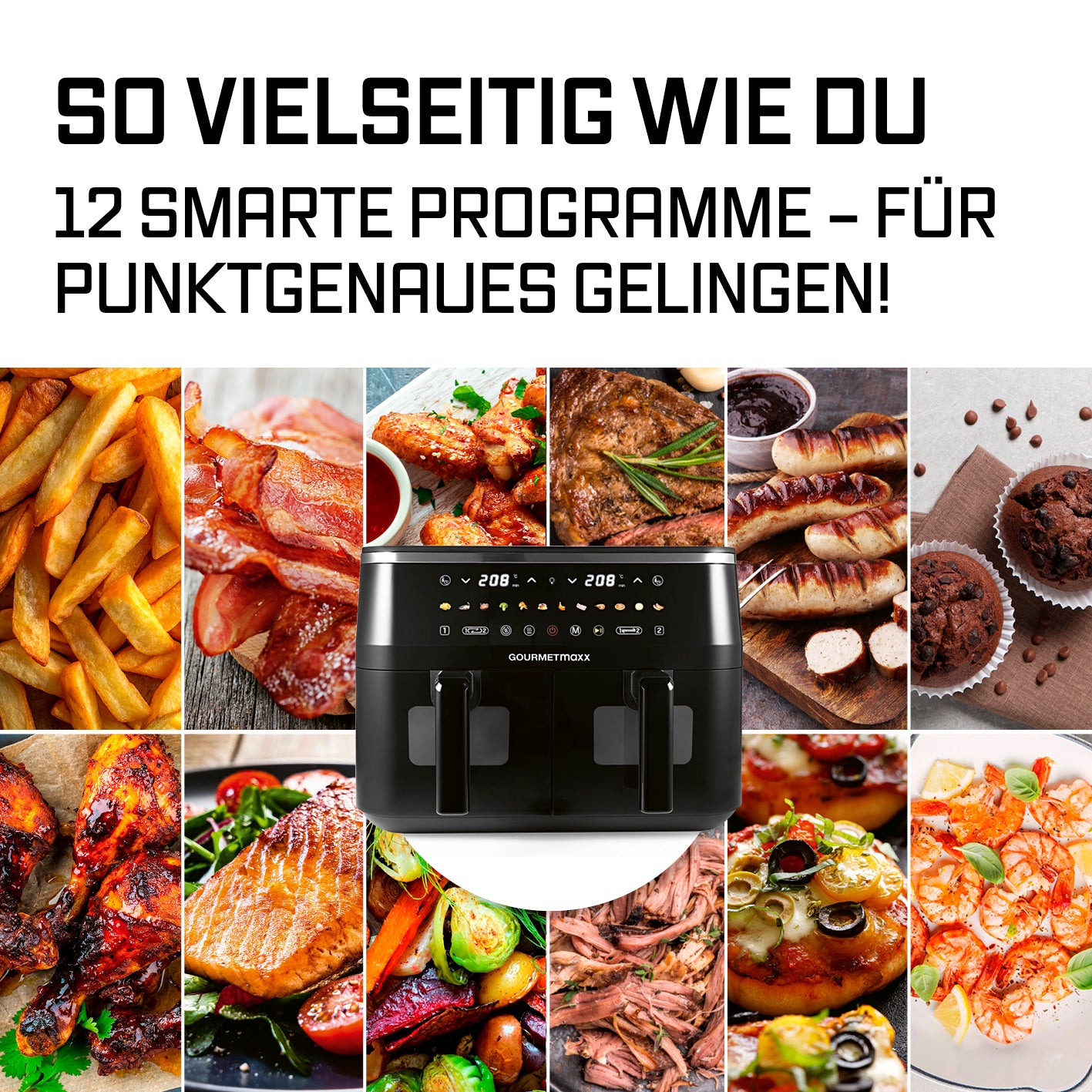 Doppelkammer-Heißluftfritteuse mit Sichtfenstern - 9 Liter (2 x 4,5 l) mit 12 Programmen für vielseitiges Kochen und gleichzeitiges Zubereiten.