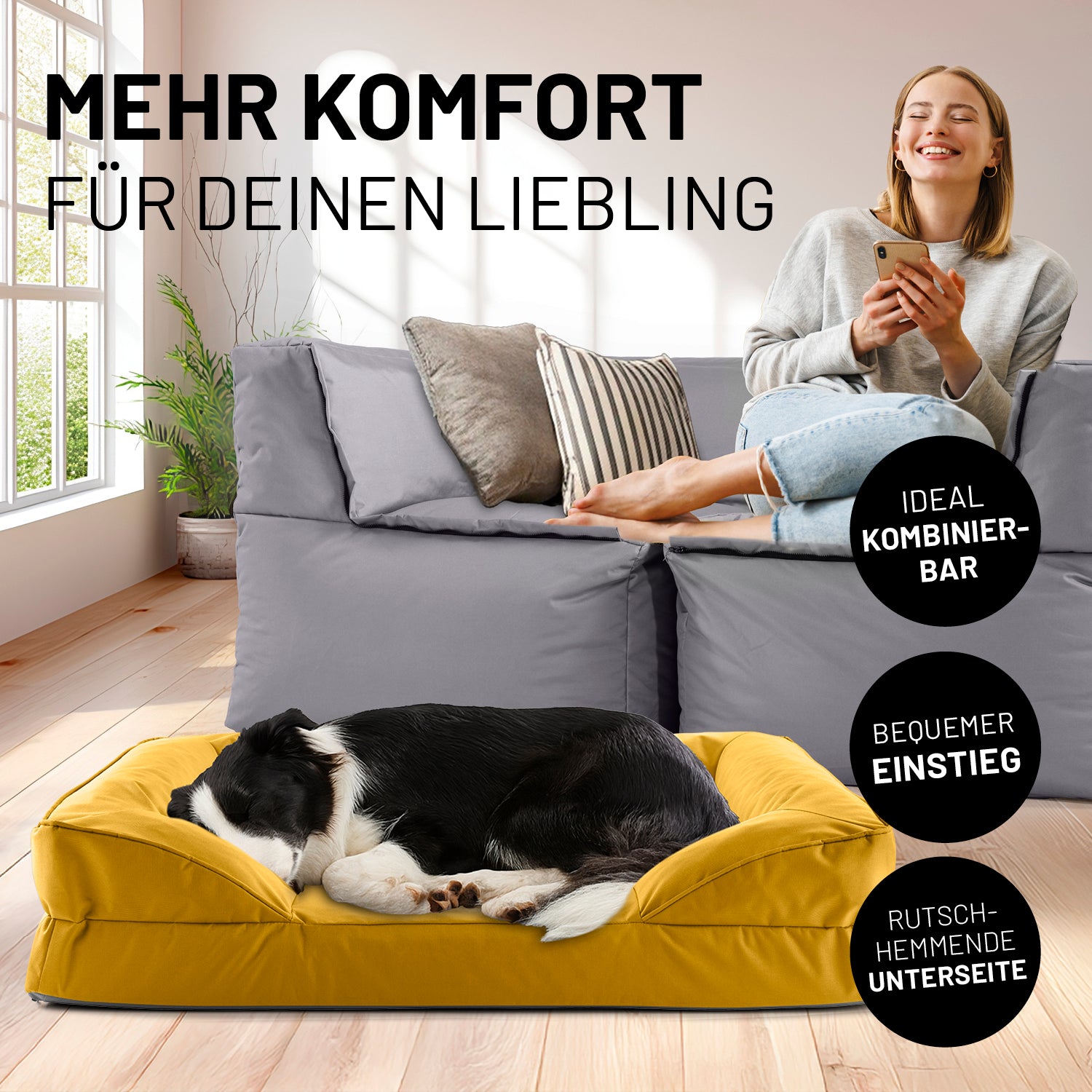Komfort-Hundebett aus der LUMALAND Outdoor-Kollektion - Gr. M - 90 x 65 cm - Senfgelb