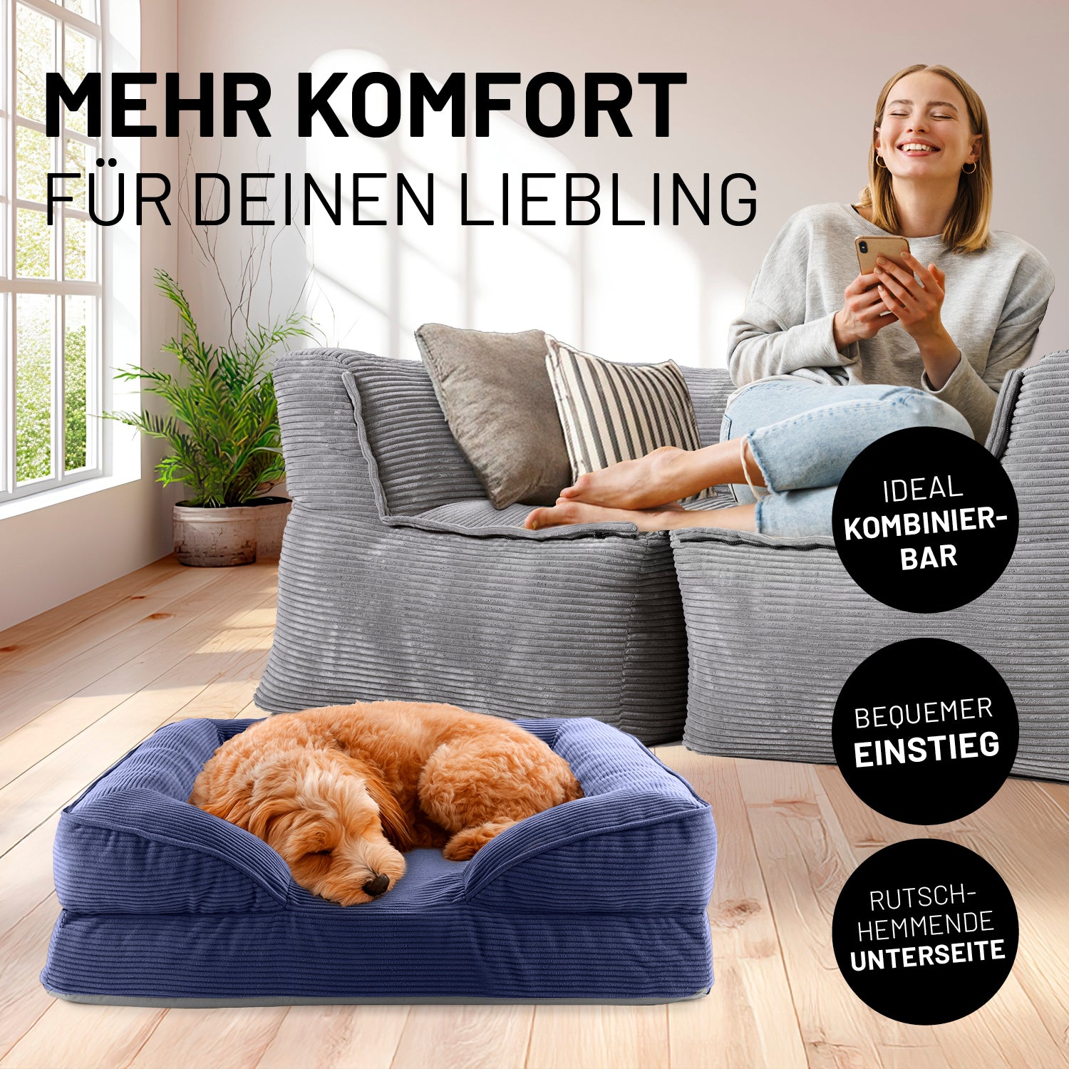 Komfort-Hundebett aus der LUMALAND Cord-Reihe - Gr. S - 70 x 60 cm - Grau