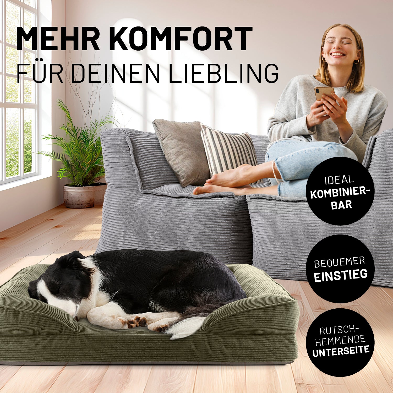 Komfort-Hundebett aus der LUMALAND Cord-Reihe - Gr. M - 90 x 65 cm - Grau