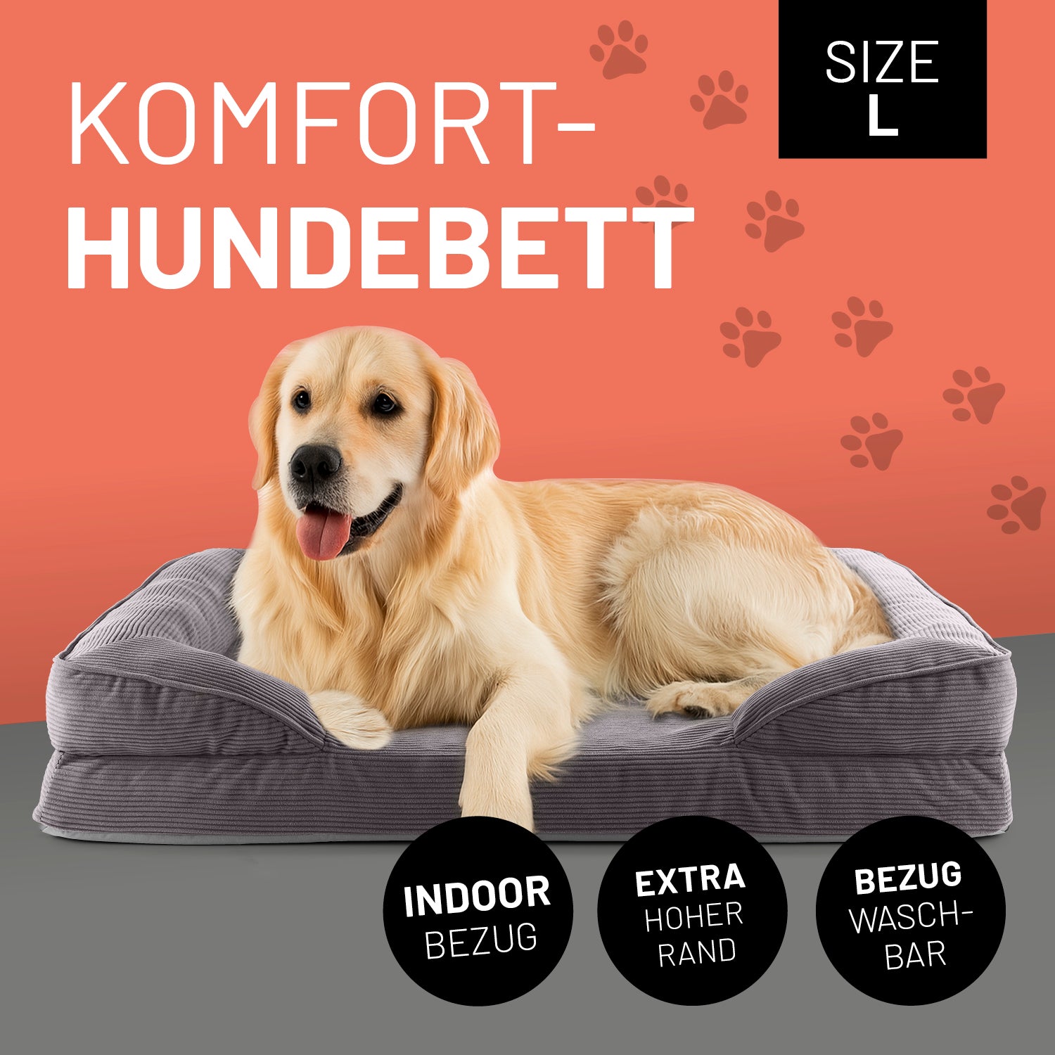 Komfort-Hundebett aus der LUMALAND Cord-Reihe - Gr. L - 110 x 75 cm - Grau