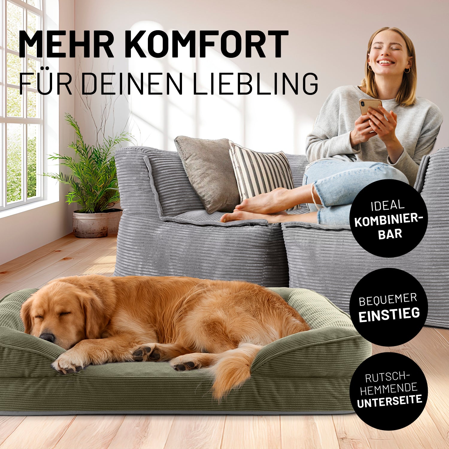 Komfort-Hundebett aus der LUMALAND Cord-Reihe - Gr. L - 110 x 75 cm - Grau